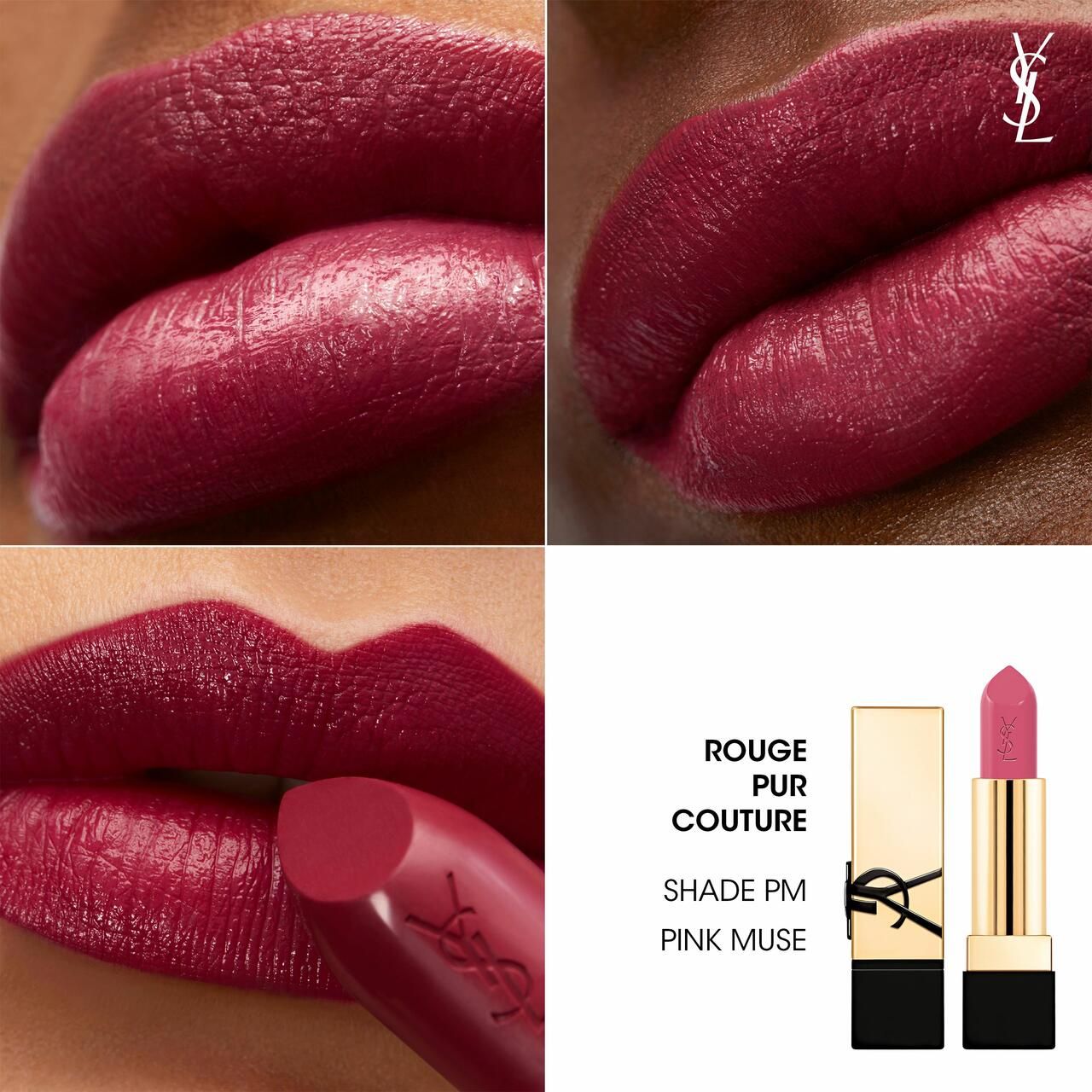 Collage: Lippen mit pinkem Lippenstift, YSL-Logo, Lippenstift-Applikator und Produktverpackung.