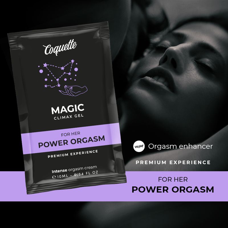 Gel-Verpackung vor verschwommenem Hintergrund. Text: MAGIC CLIMAX GEL, FOR HER POWER ORGASM. Logo und Produktname.