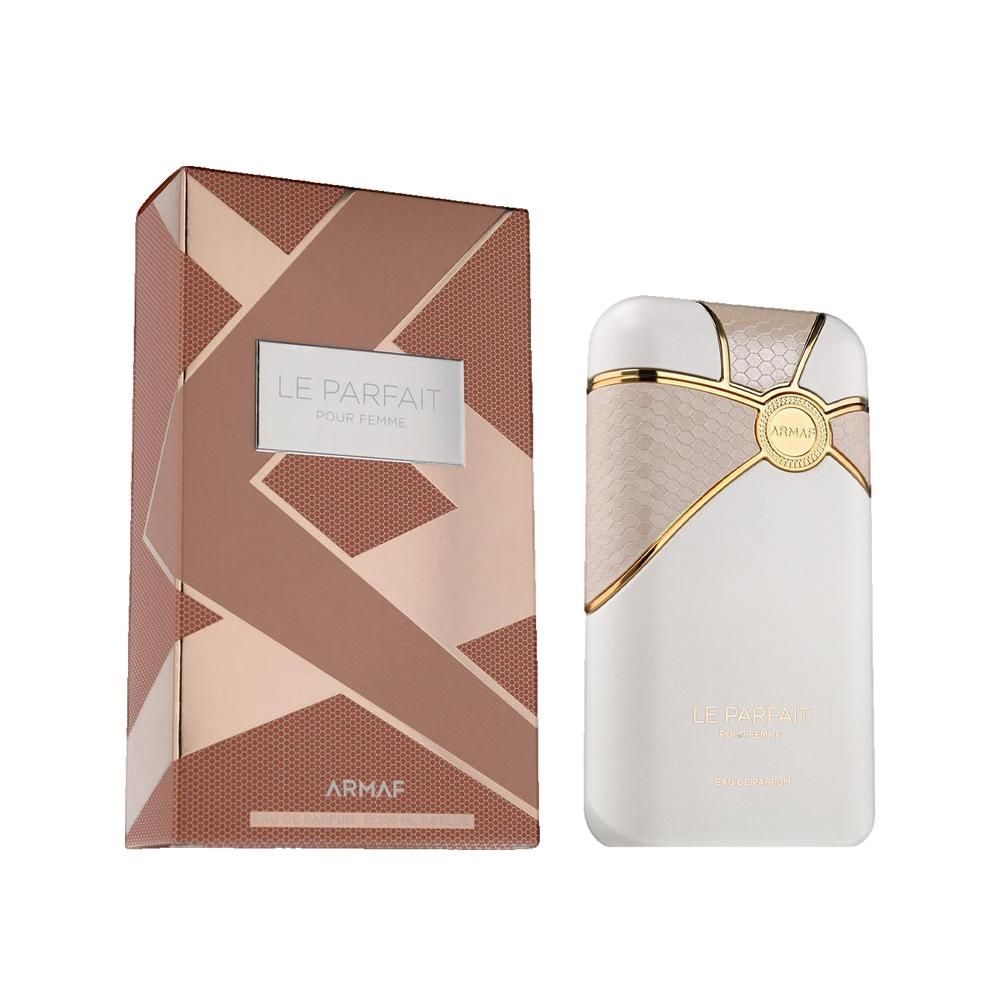 Parfümflakon und Verpackung. Flakon weiß mit goldfarbenen Details. Verpackung braun-gold. Aufschrift: Le Parfait Pour Femme, ARMAF.