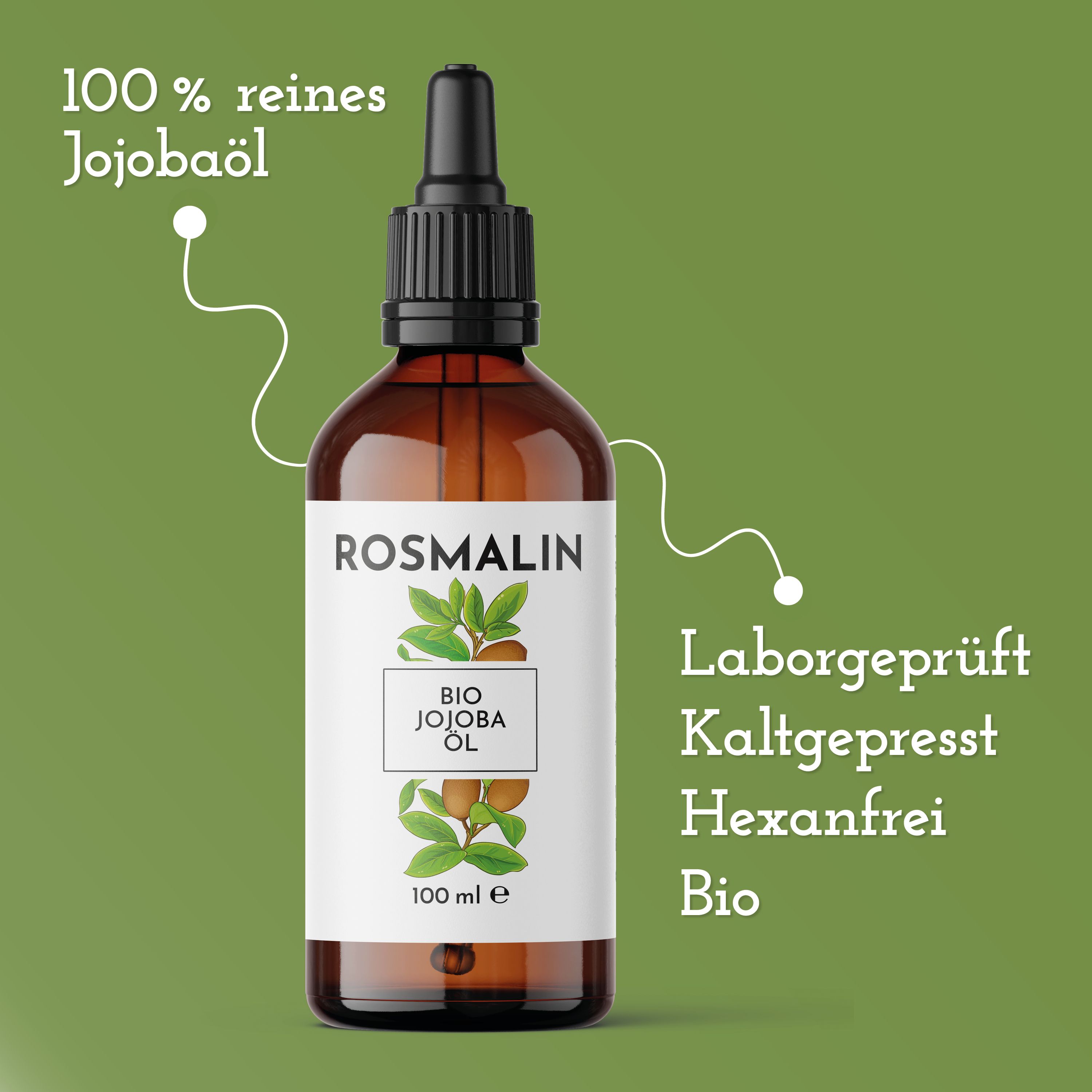 Braune Glasflasche mit Pipette. Aufschrift: Rosmalin, Bio Jojoba Öl. Aufschrift: 100% reines Jojobaöl. Laborgeprüft, kaltgepresst, hexanfrei, Bio.