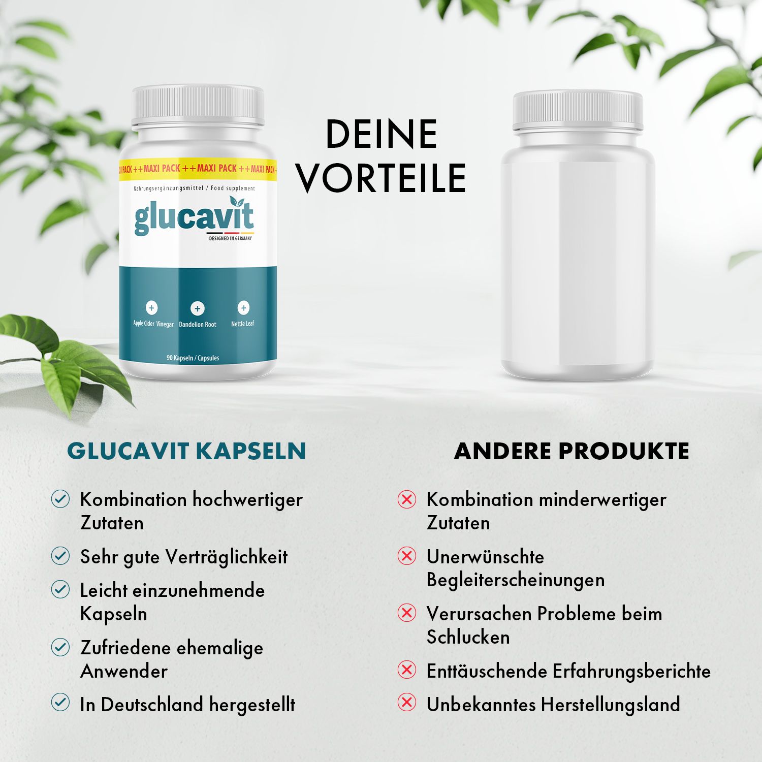 Zwei Flaschen, eine mit Glucavit Kapseln, eine leere. Text: Vorteile: hochwertige Zutaten, gute Verträglichkeit, leicht einzunehmen, zufriedene Anwender.