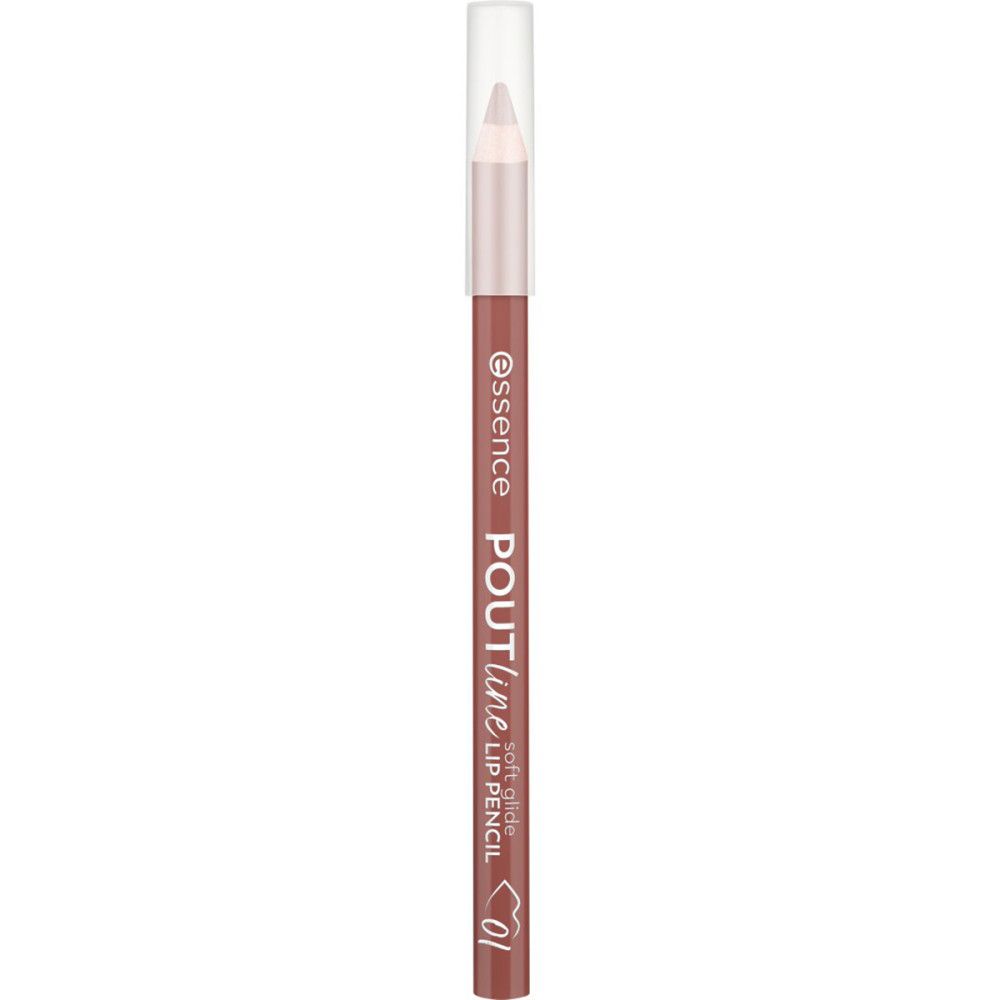 Lippenstift-Stift mit transparenter Kappe. Aufschrift: Essence Poutline Soft Glide Lip Pencil 01.