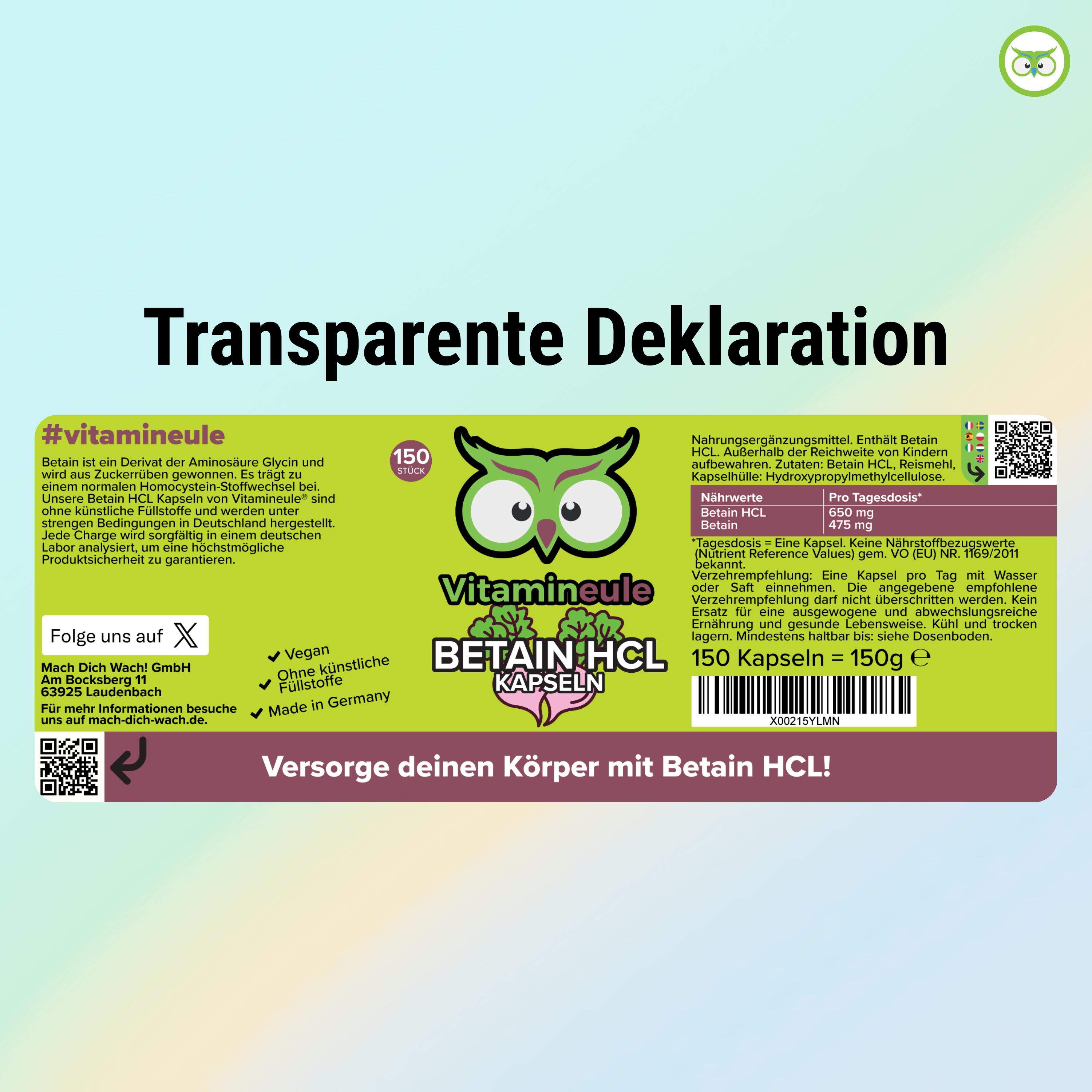 Etikett mit "Transparente Deklaration". Enthält Informationen zu Inhaltsstoffen, Nährwerten und Hersteller. 150 Kapseln.