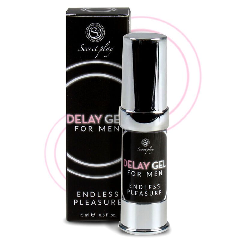 Schwarze Verpackung und Flasche. Aufschrift: DELAY GEL FOR MEN, ENDLESS PLEASURE. Logo: Secretplay.