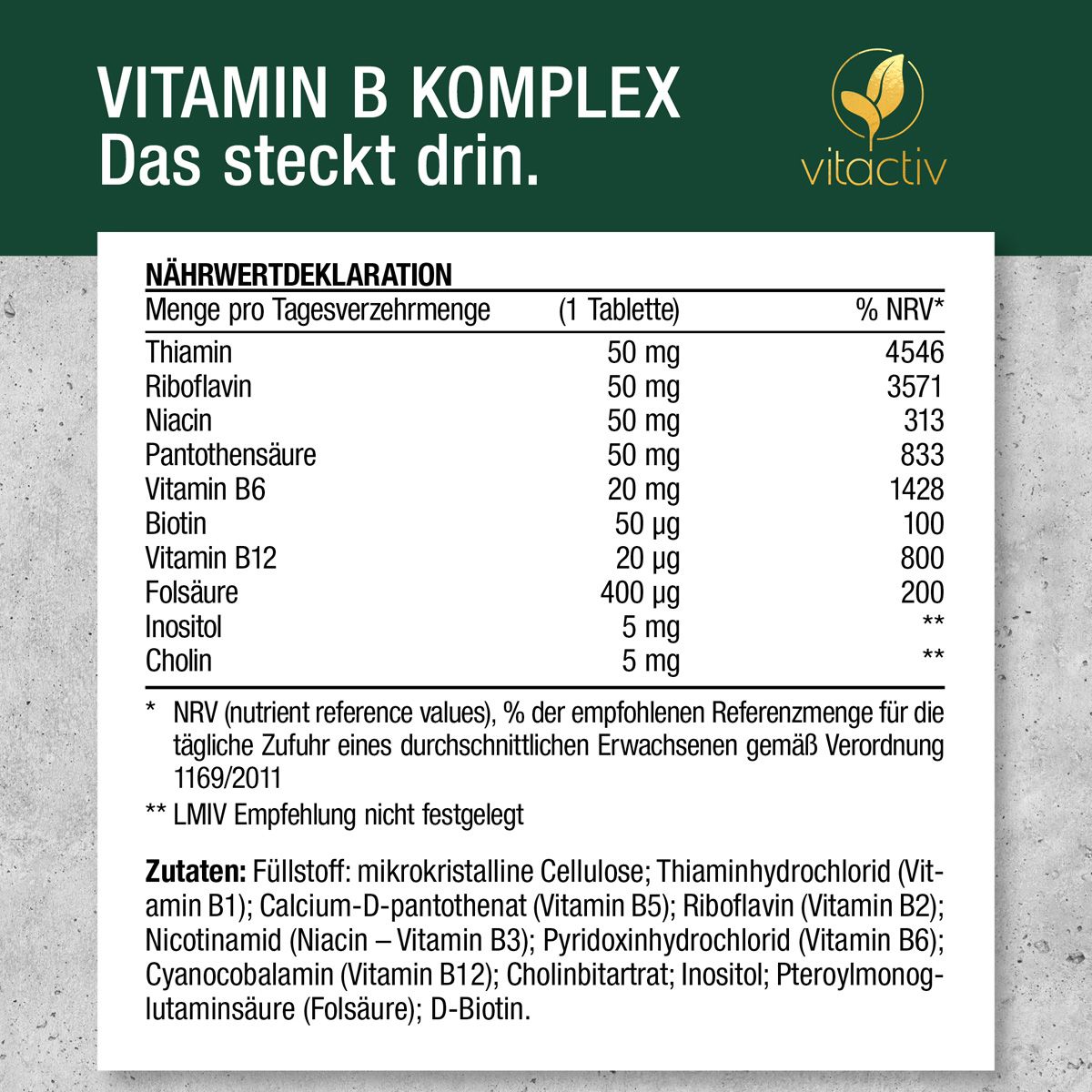 Vitactiv Vitamin B Komplex Nährwertdeklaration und Zutatenliste.