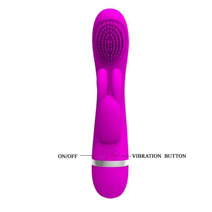 Lila Vibrator mit Knopfleiste. Oben mit Noppen. Aufschrift: ON/OFF und Vibration Button.