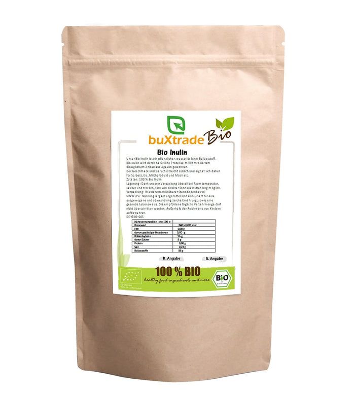 Braune Papiertüte mit "buXtrade Bio Inulin"-Etikett. Text und Bio-Siegel. 100% Bio-Zertifizierung.