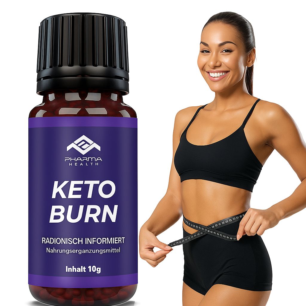 Braune Glasflasche mit schwarzem Deckel. Lila Etikett mit weißem Text: Pharma Health, Keto Burn, Nahrungsergänzungsmittel, Inhalt 10g. Frau misst Taille.