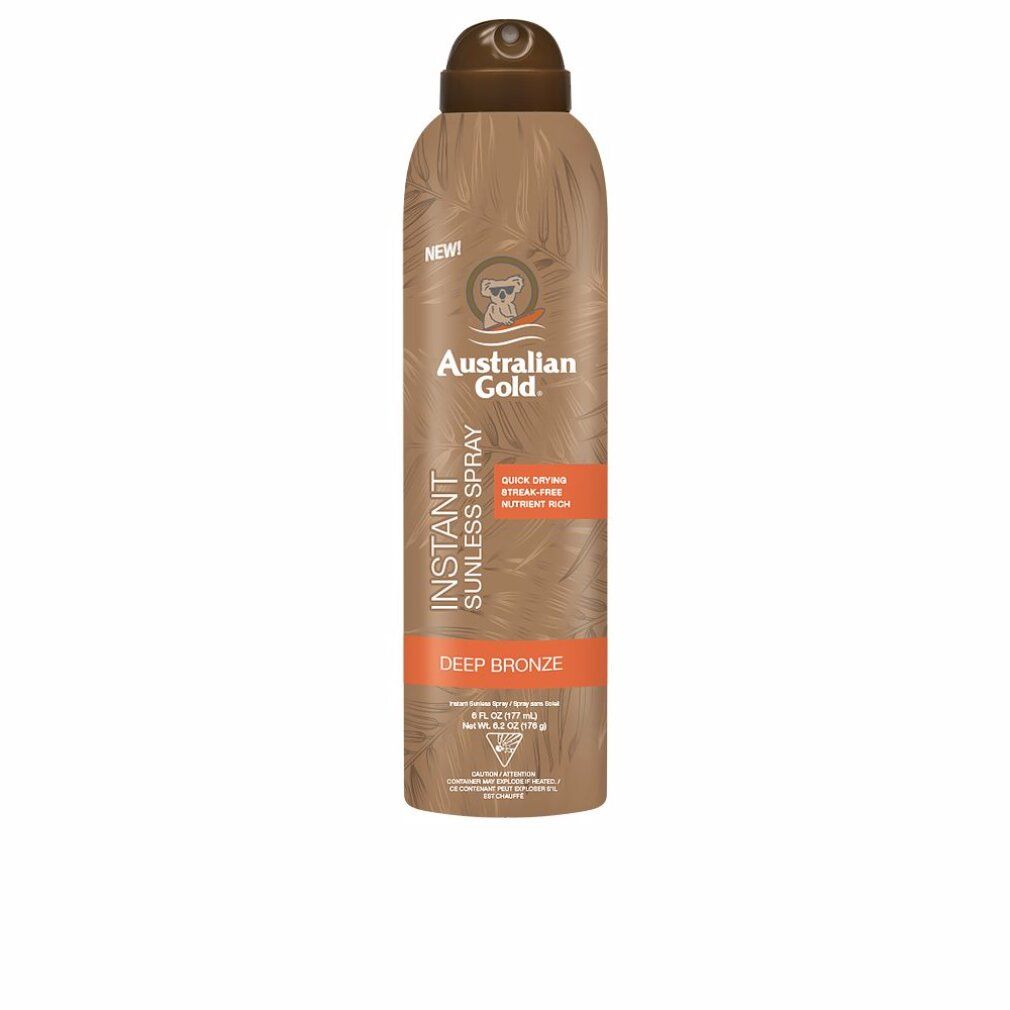 Spraydose mit brauner Flüssigkeit. Aufschrift: Instant Sunless Spray, Deep Bronze. Marke: Australian Gold. Mit 'Neu!' gekennzeichnet.