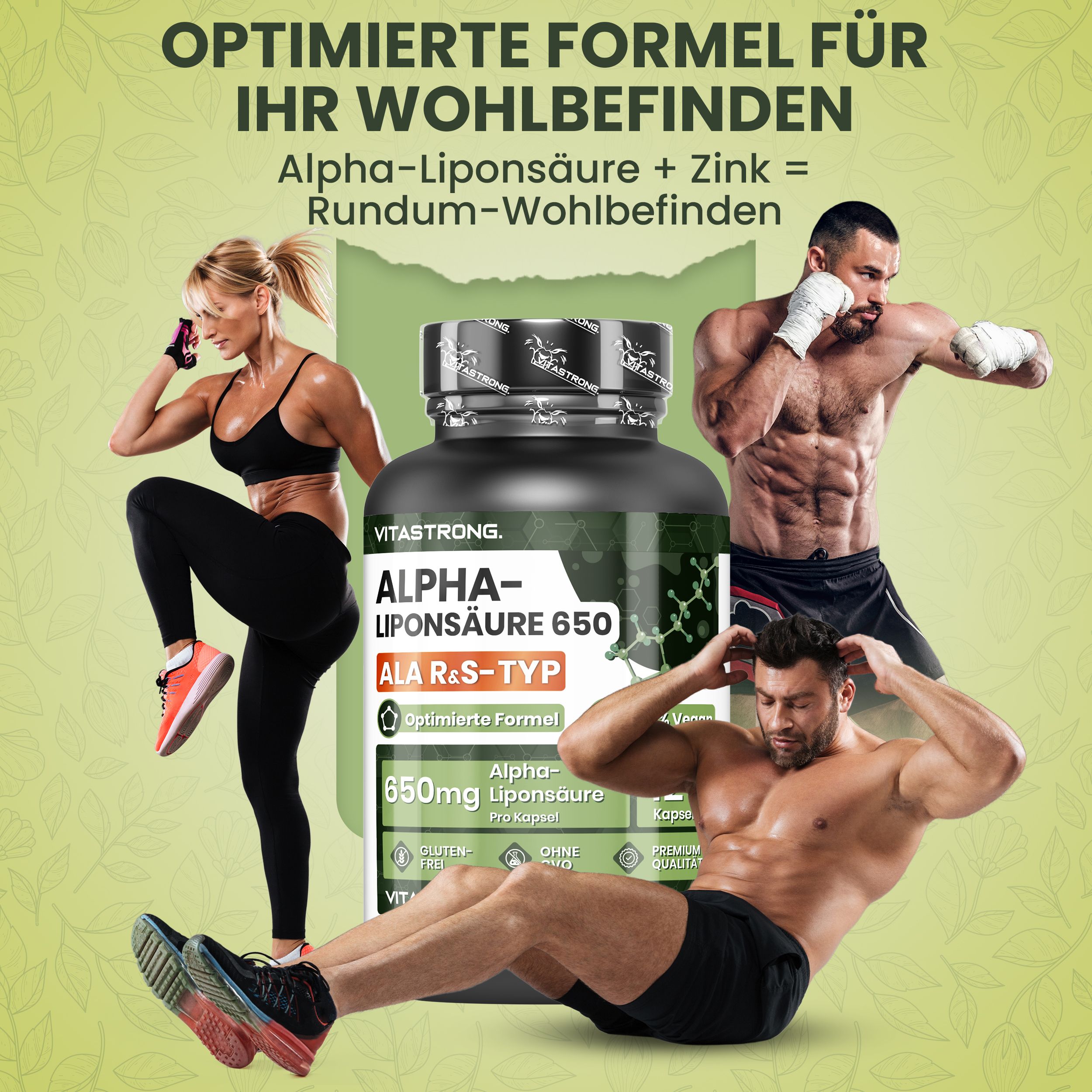 Dunkle Flasche mit Kapseln. Text: Alpha-Liponsäure 650, ALA Typ R&S. Personen beim Training.