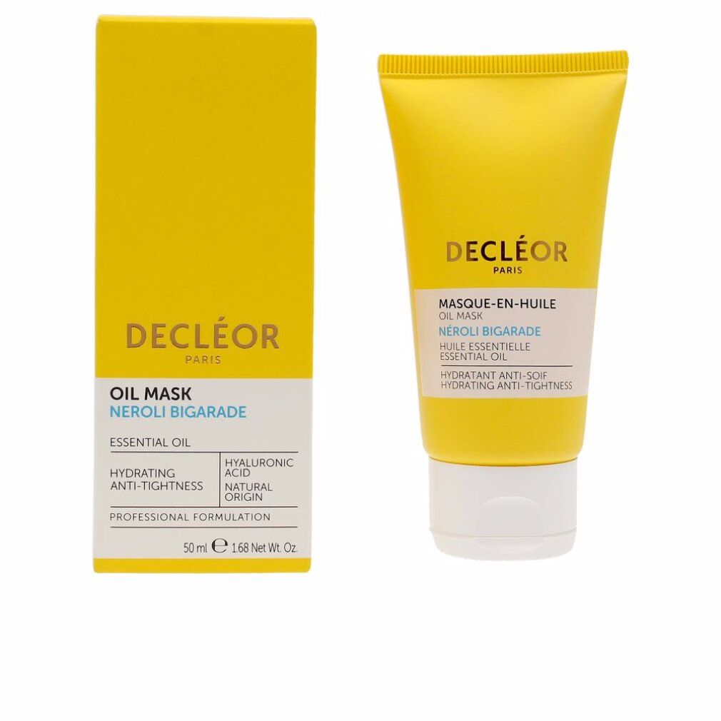 Gelbe Schachtel und Tube. Aufschrift: Decleor, Oil Mask, Neroli Bigarade, 50ml.