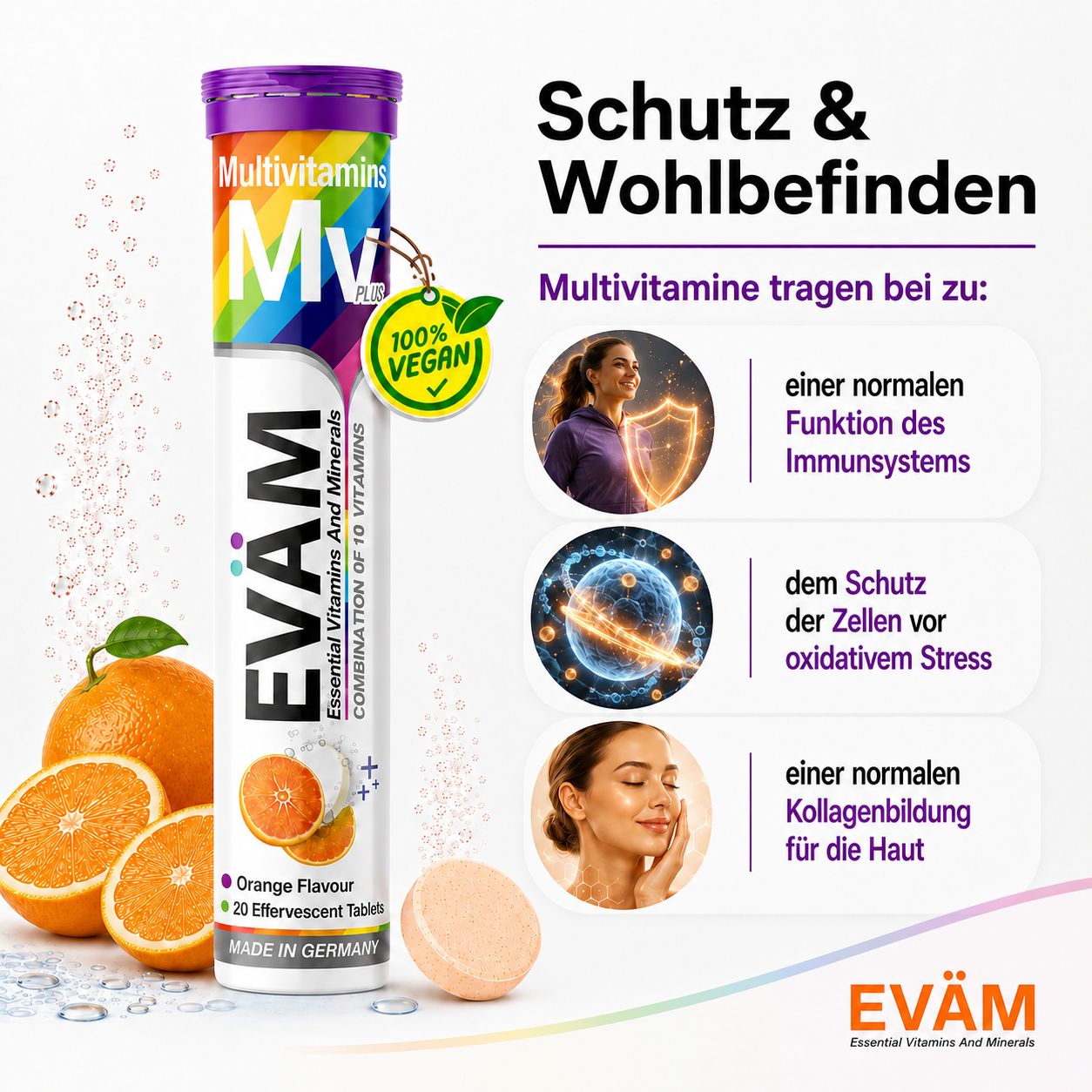 EVÄM Multivitamin Brausetabletten: Schutz der Zellen, normale Funktion des Immunsystems, gesunde Haut.