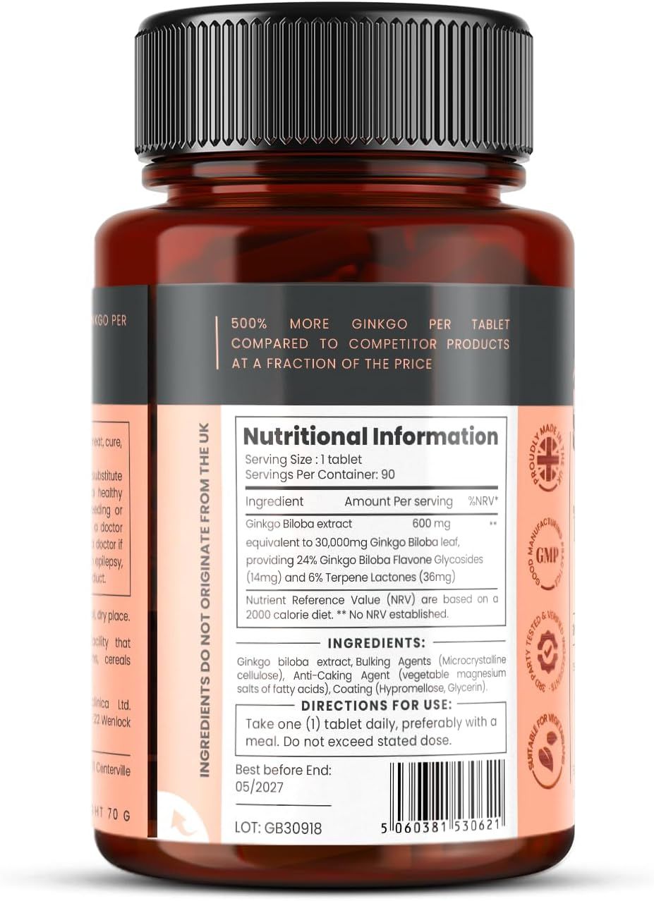 Braune Flasche mit Ginkgo Biloba Tabletten. Rückseite mit Text: Nährwertangaben, Inhaltsstoffe, Anwendungshinweise, Haltbarkeit.