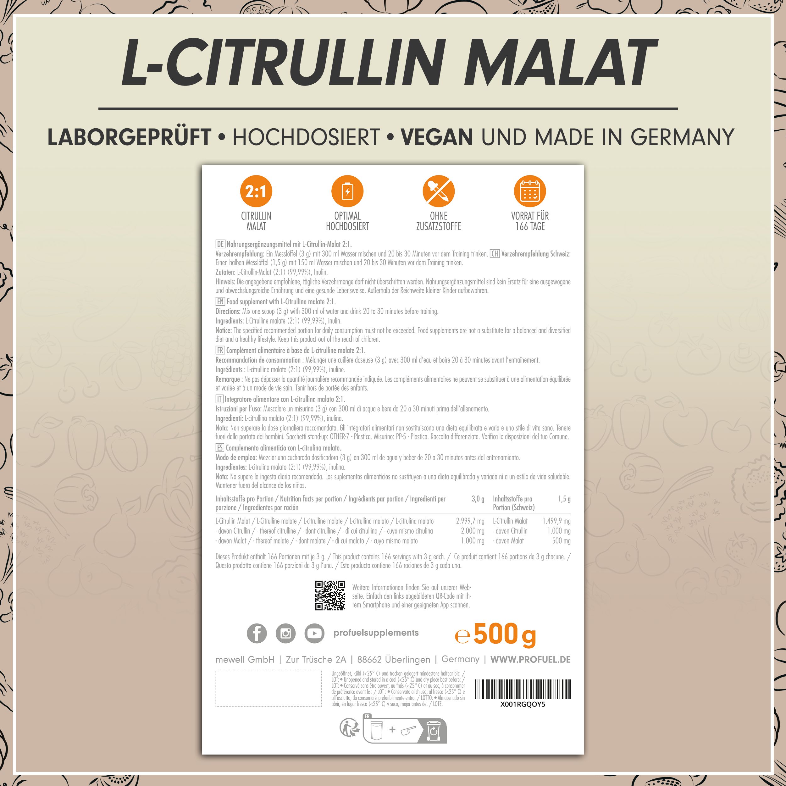 Rückseite der Verpackung von L-Citrullin Malat 2:1. Enthält Informationen zu Inhaltsstoffen, Nährwerten, Anwendung und Hersteller. Vegan-Siegel.