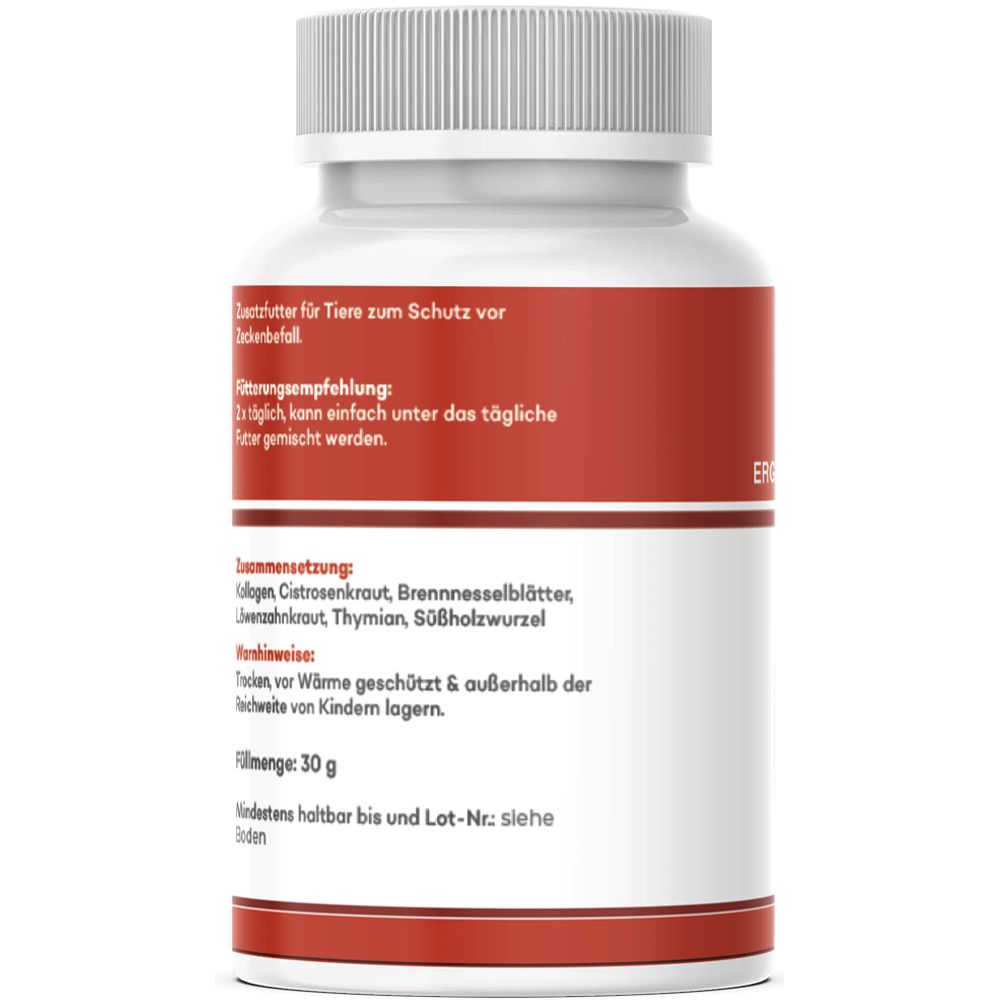 Rückseite der Flasche. Text: Ergänzungsfutter für Tiere, Fütterungsempfehlung, Zusammensetzung, Hinweise, Füllmenge, Mindesthaltbarkeit.