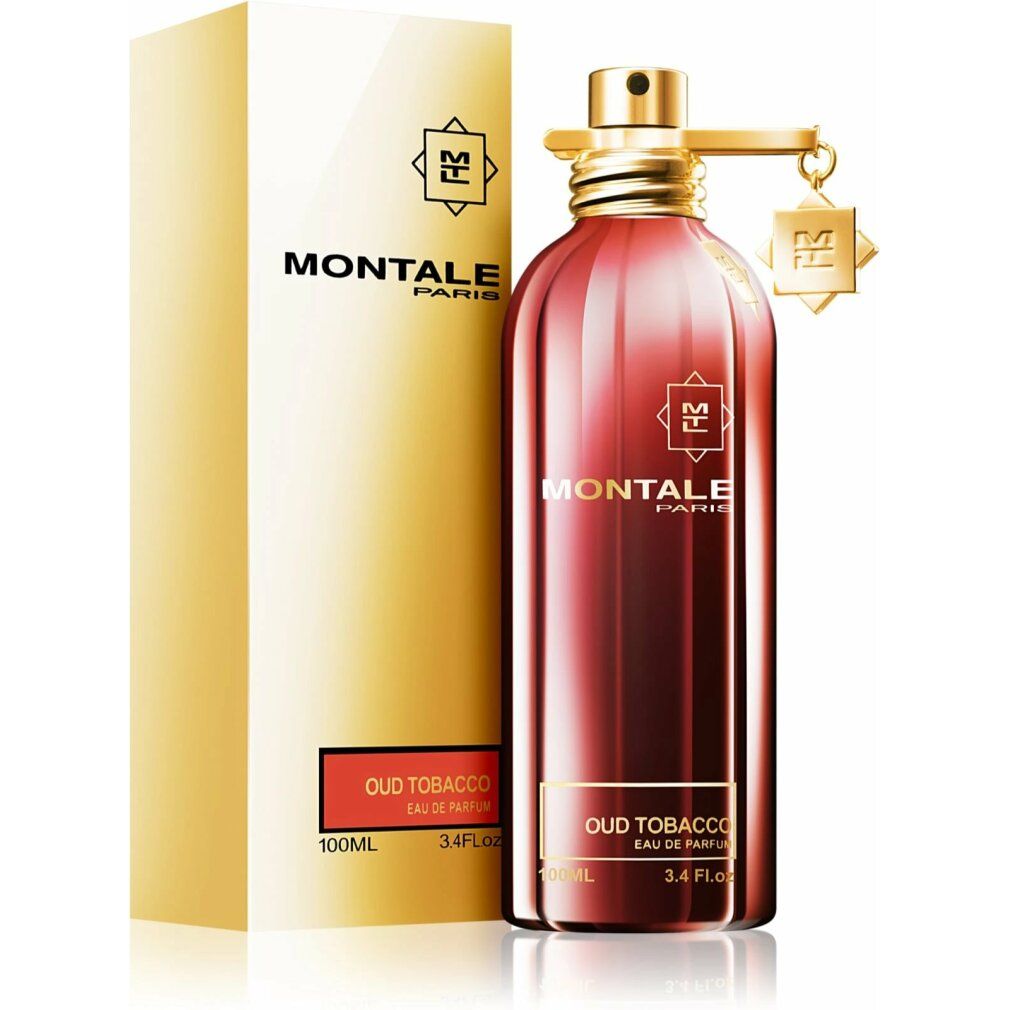 Roter Flakon und goldfarbene Verpackung. Aufschrift: MONTALE PARIS, Oud Tobacco, Eau de Parfum. Flakon und Box.