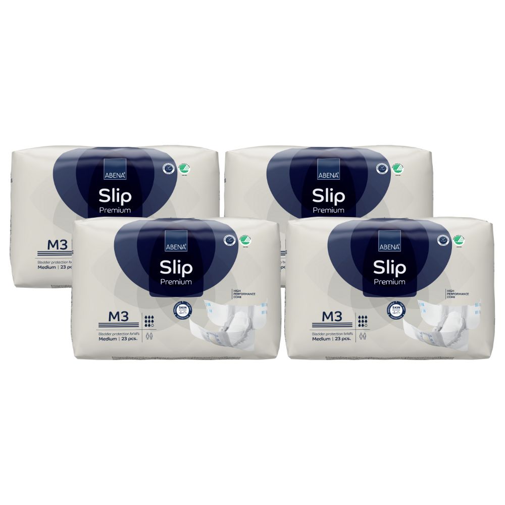 Vier Packungen ABENA Slip Premium M3. Aufdruck: ABENA, Slip, Premium, M3, Medium, 23 Stück. Grün-Siegel.