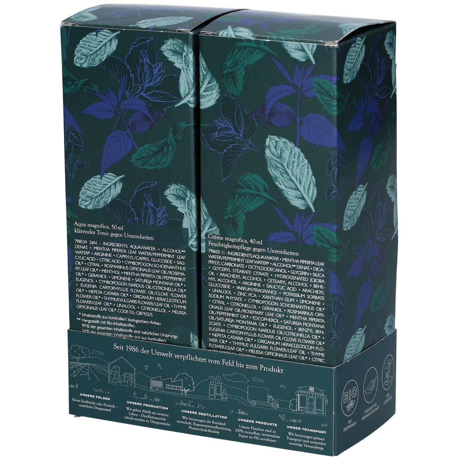 Rückseite der Geschenkbox mit Inhaltsangaben und Inhaltsstoffen. Text in Deutsch. Logo: Bio-Zertifizierung. Abbildungen von Pflanzen.