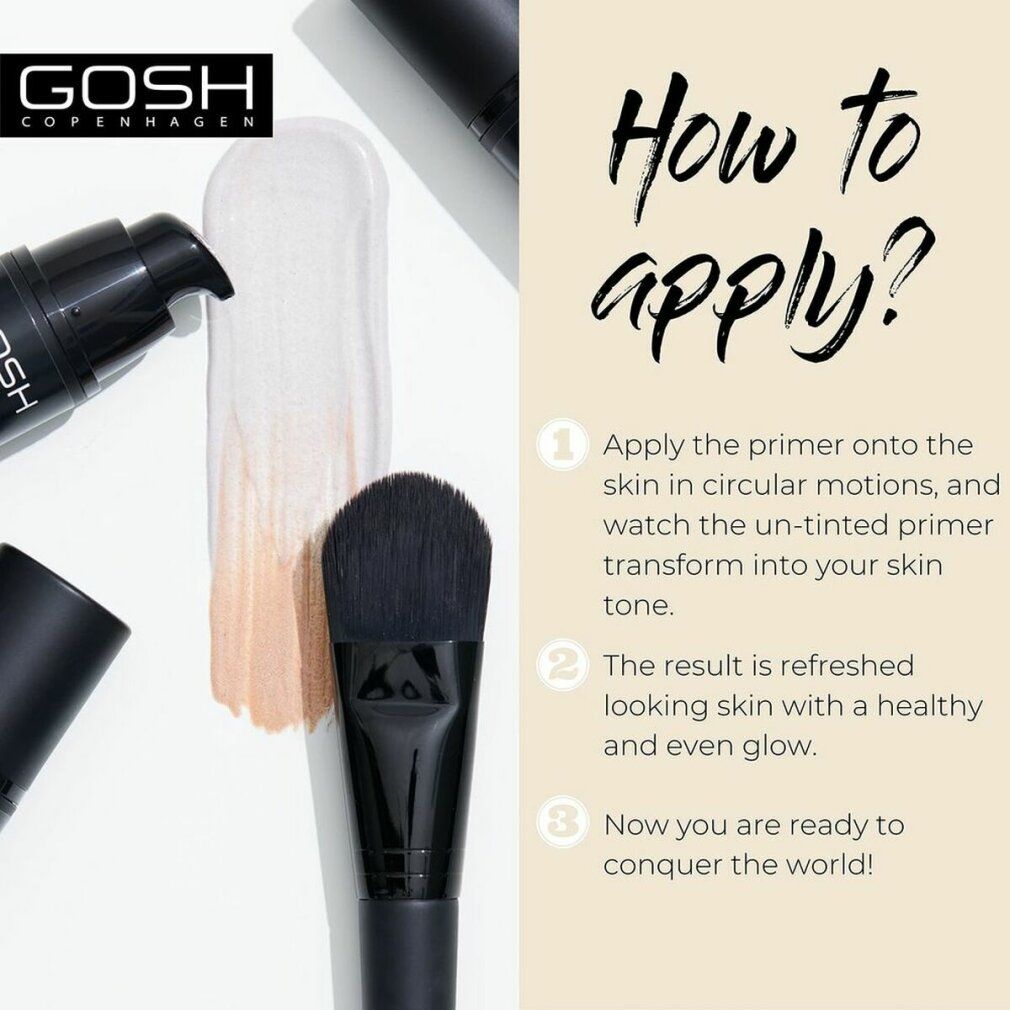 Anwendungshinweise für GOSH Foundation. Produkt, Pinsel und Text auf beigem Hintergrund. Schritte 1-3.