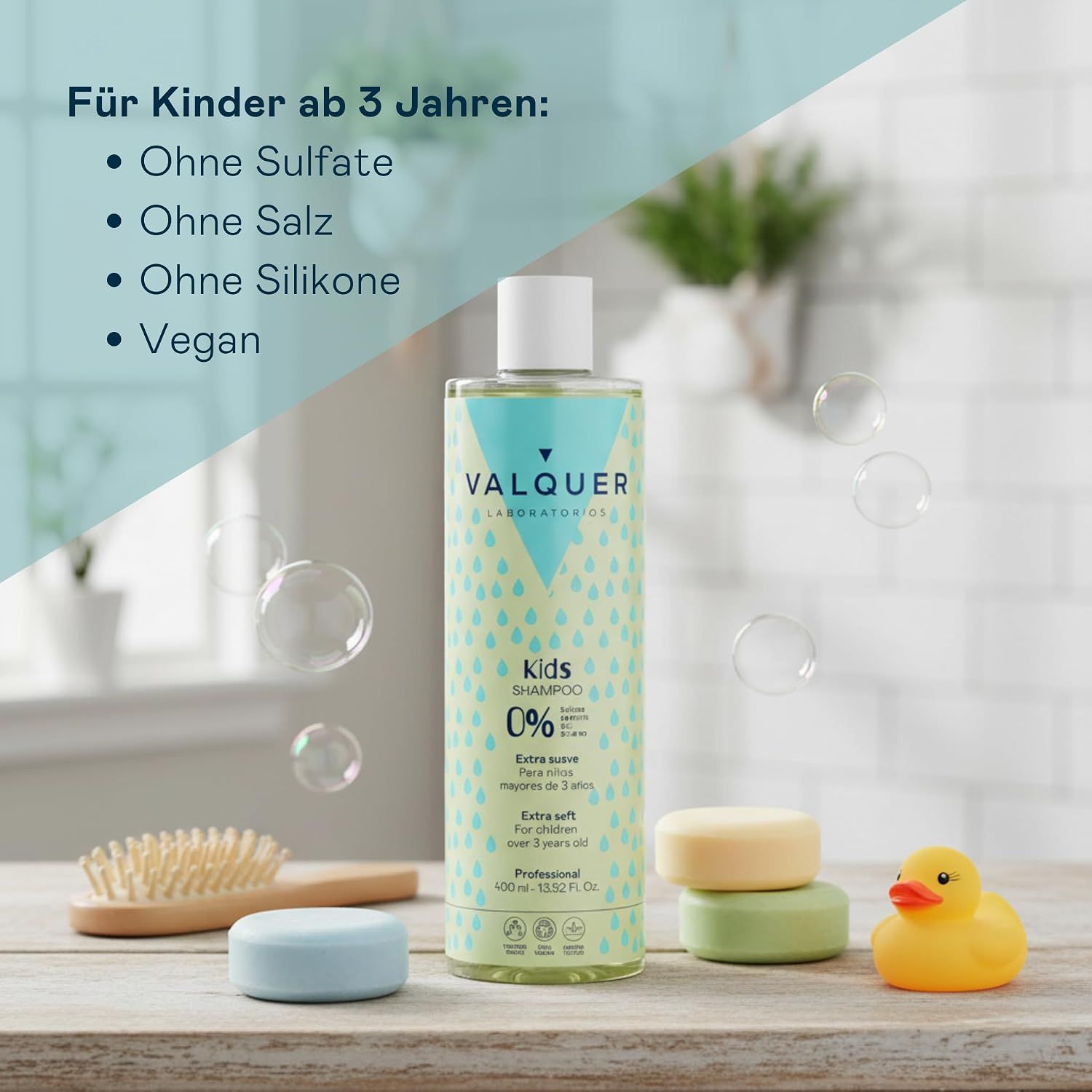 VALQUER Kids Shampoo 400ml Flasche auf einem Waschbecken.