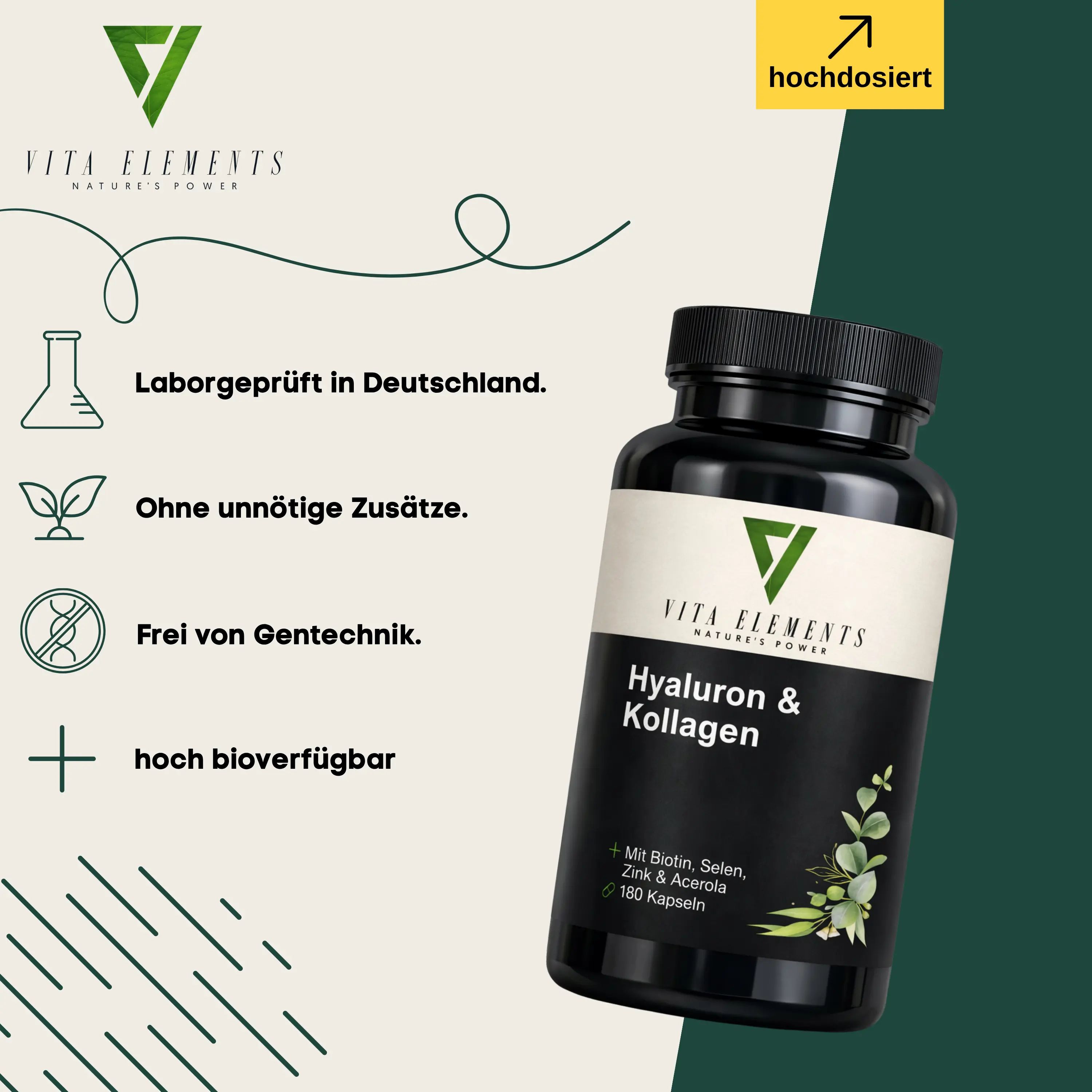 Vita Elements Hyaluron & Kollagen Kapseln: Laborgeprüft, ohne Zusätze, gentechnikfrei, hoch bioverfügbar. Dose abgebildet.