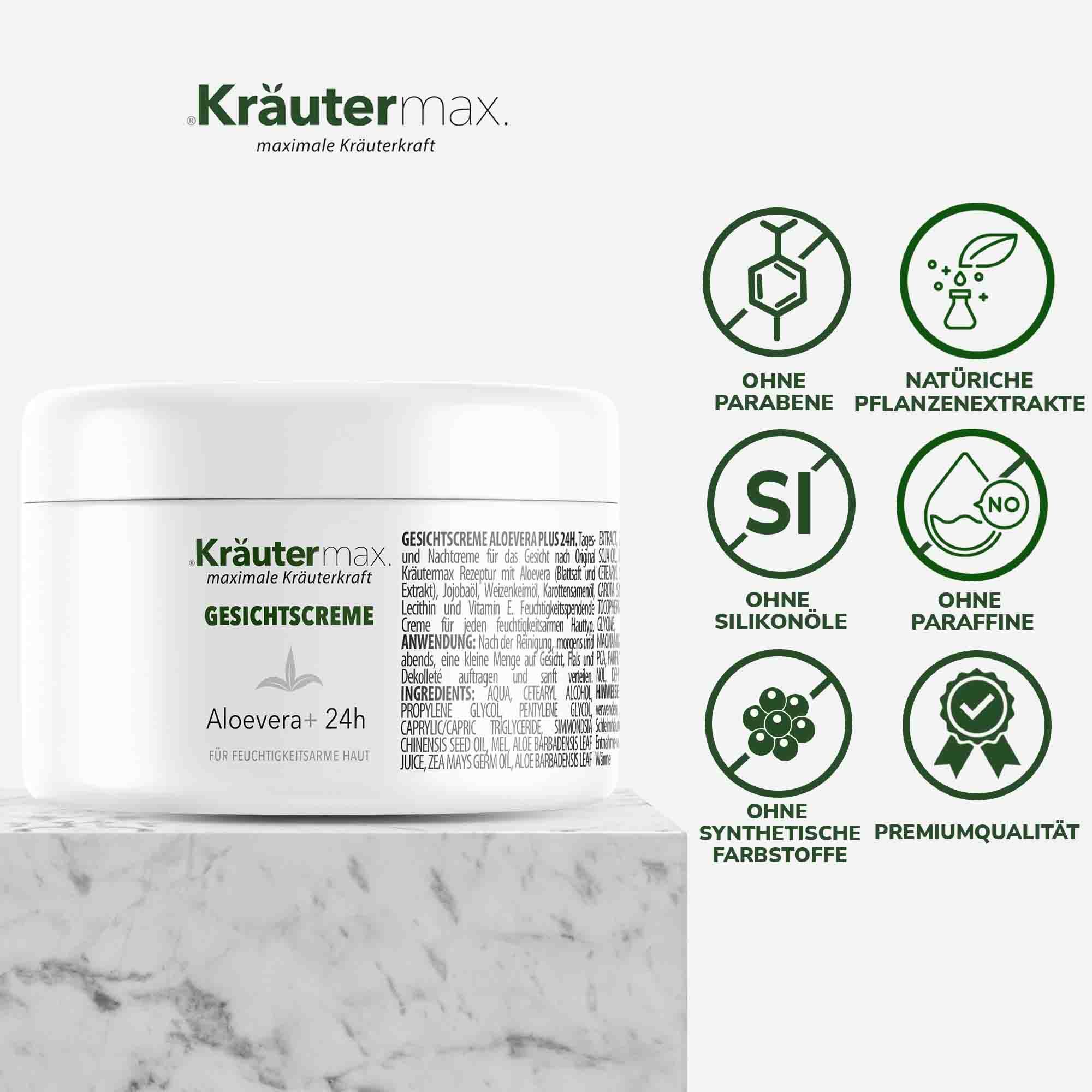Weiße Creme-Dose. Kräutermax Gesichtscreme. Text: Aloe vera, 24h. Ohne Parabene, Silikone, Paraffine, synthetische Farbstoffe.