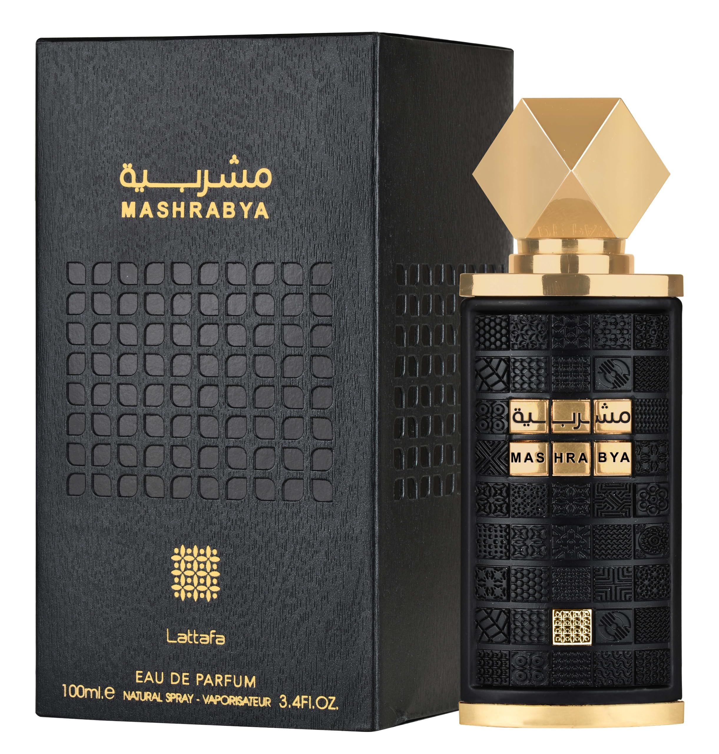 Schwarze Verpackung und Flakon. Aufschrift: Mashrabya. Goldene Schrift. Lattafa-Logo. Flakon mit goldfarbenem Verschluss.