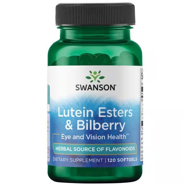 Grüne Flasche mit Swanson Lutein Esters & Heidelbeere. Etikett mit Produktnamen, Logo und Inhaltsangaben. 120 Softgels.