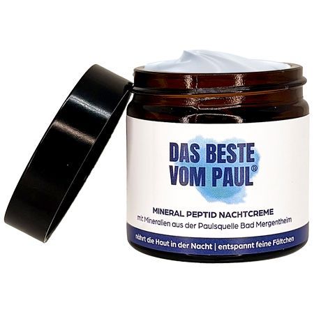 Braune Glasdose mit schwarzem Deckel, geöffnet. Aufschrift: Das Beste vom Paul, Mineral Peptid Nachtcreme.