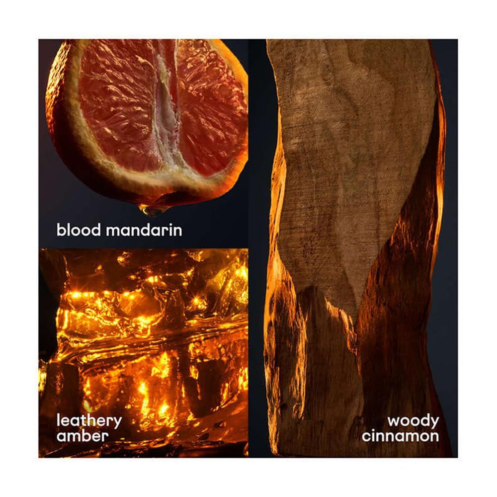Nahaufnahme von Blutorange, Lederbernstein und holzigem Zimt. Text: blood mandarin, leathery amber, woody cinnamon.