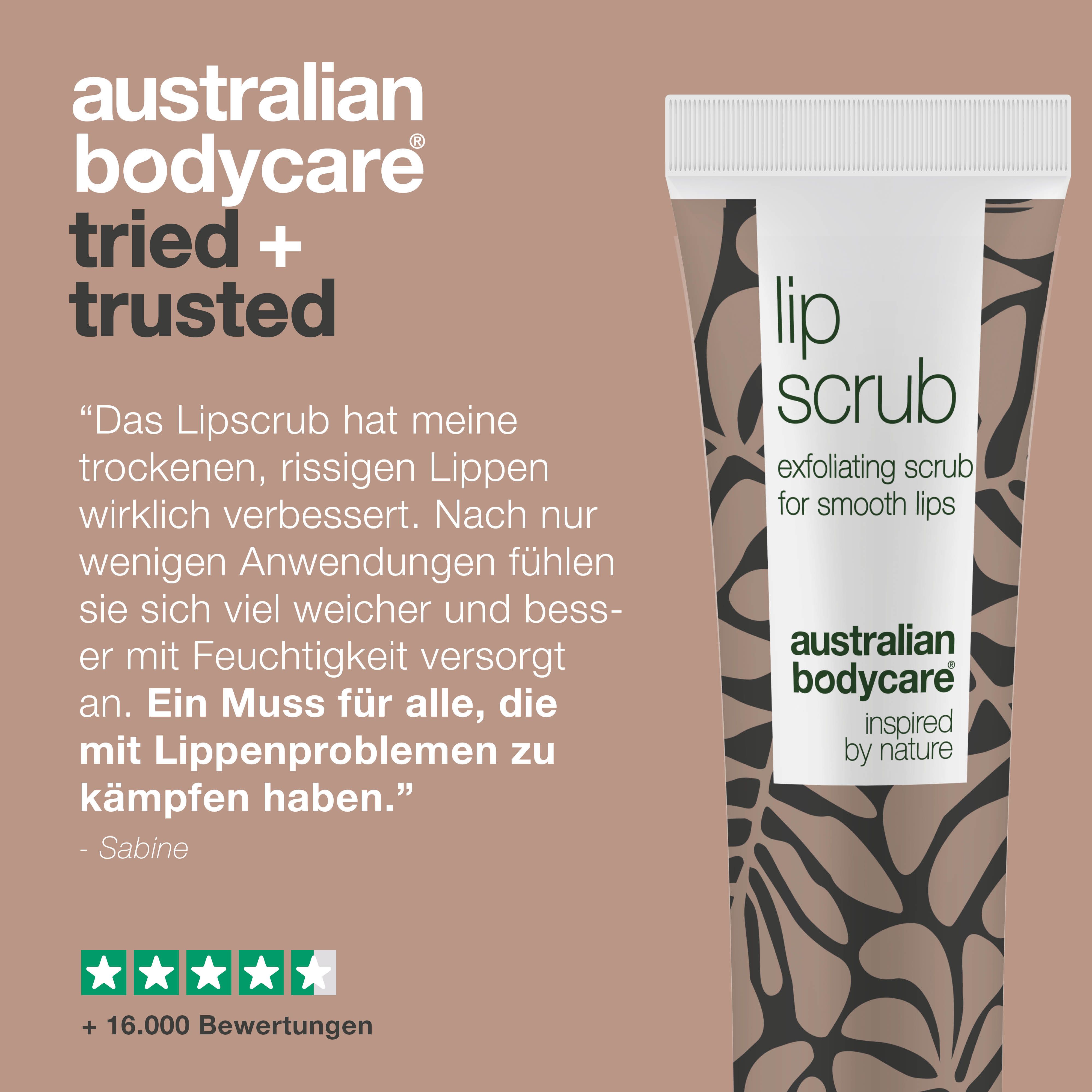 Lippenpeeling-Tube. Text: Lip Scrub, Australian Bodycare. Zitat und Sterne-Bewertung. +16.000 Bewertungen.