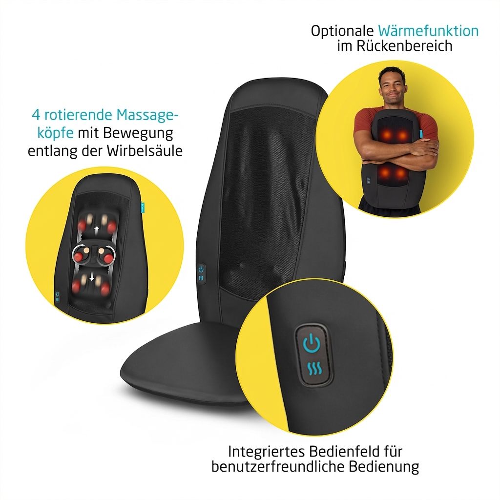Massageauflage mit rotierenden Köpfen, Bedienfeld und optionaler Wärmefunktion.