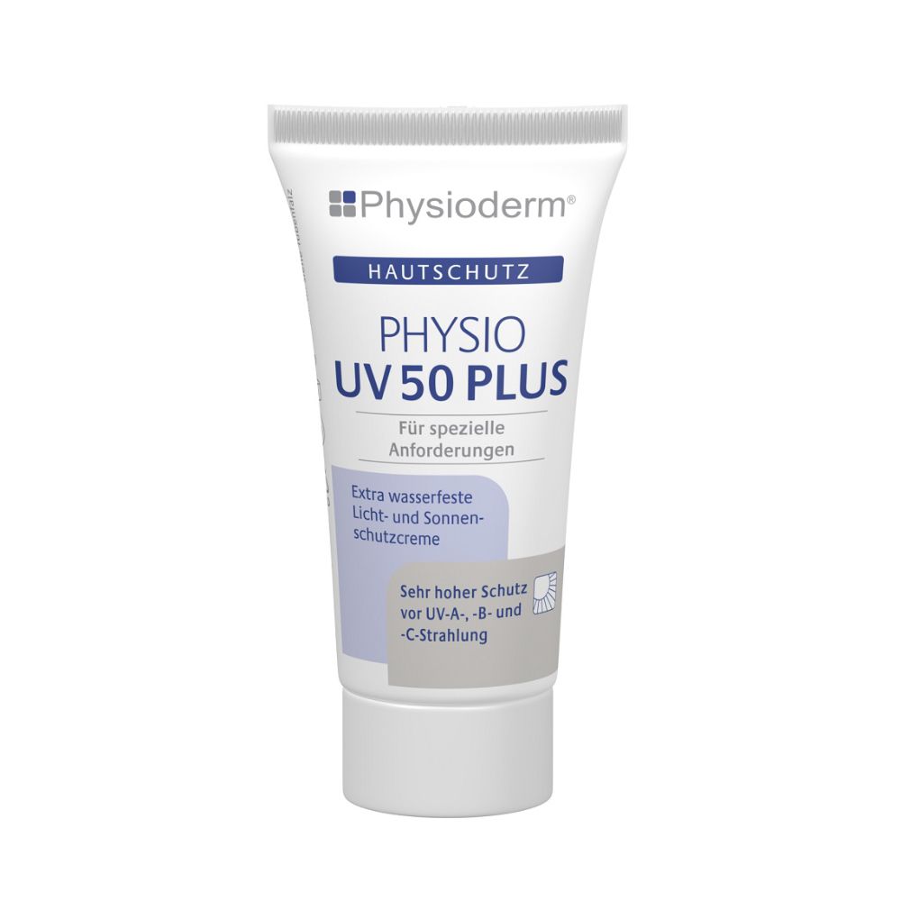 Weiße Tube mit blauer Schrift. PHYSIODERM PHYSIO UV 50 PLUS. Hautschutz. Extra wasserfeste Licht- und Sonnencreme. Hoher Schutz vor UV-A, B und C.