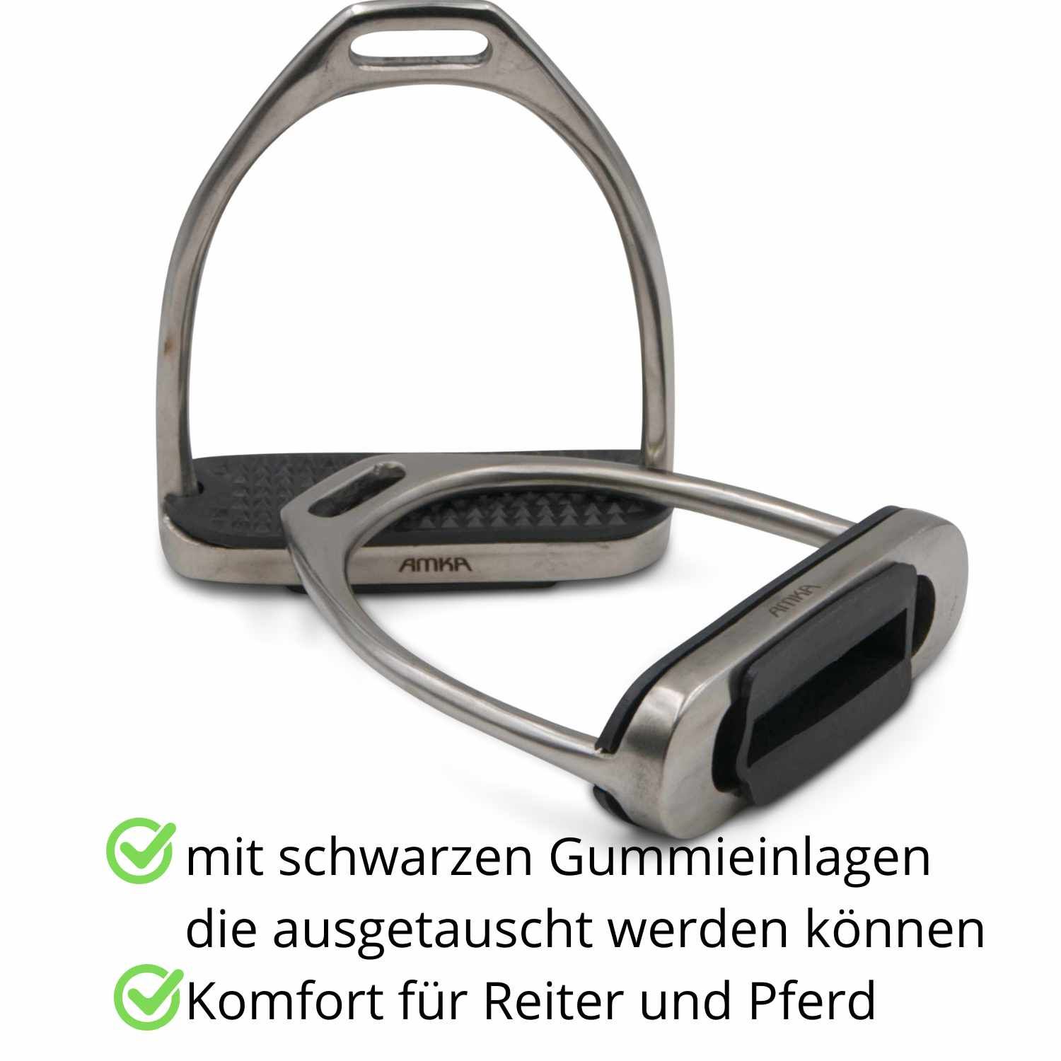 AMKA Steigbügel aus Edelstahl. Schwarze, austauschbare Gummieinlagen. Komfort für Reiter und Pferd.