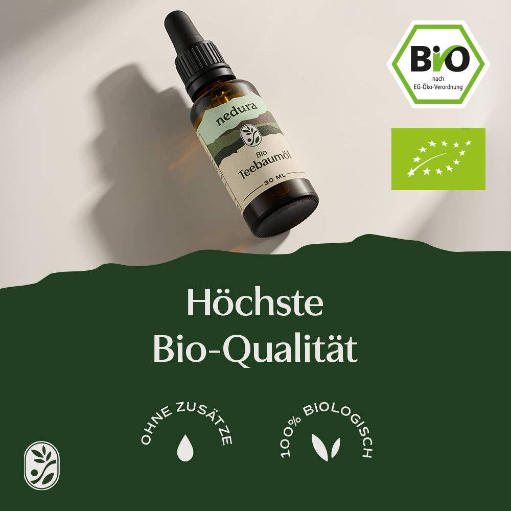 Flasche mit Bio-Siegeln. Text: Höchste Bio-Qualität. Ohne Zusätze. 100% biologisch.