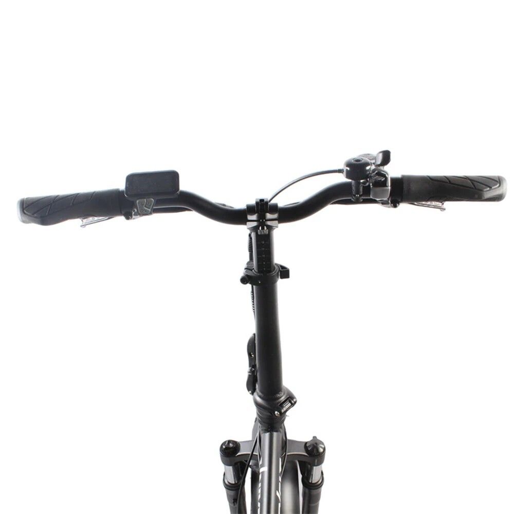 Lenker eines E-Bikes. Schwarze Griffe, Klingel, Bedienelemente.