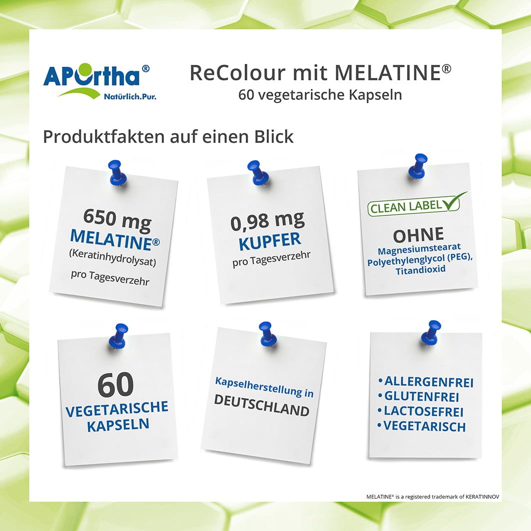 Tafel mit Produktinformationen: 650 mg Melatine, 0,98 mg Kupfer, ohne Magnesiumstearat, 60 vegetarische Kapseln, hergestellt in Deutschland, allergenfrei.