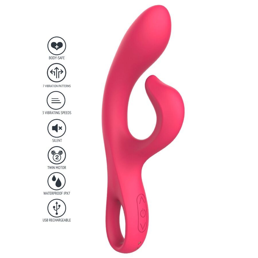 Rosa Vibrator mit geschwungener Form. Symbole für Funktionen: Vibration, Geschwindigkeit, wasserdicht, USB.