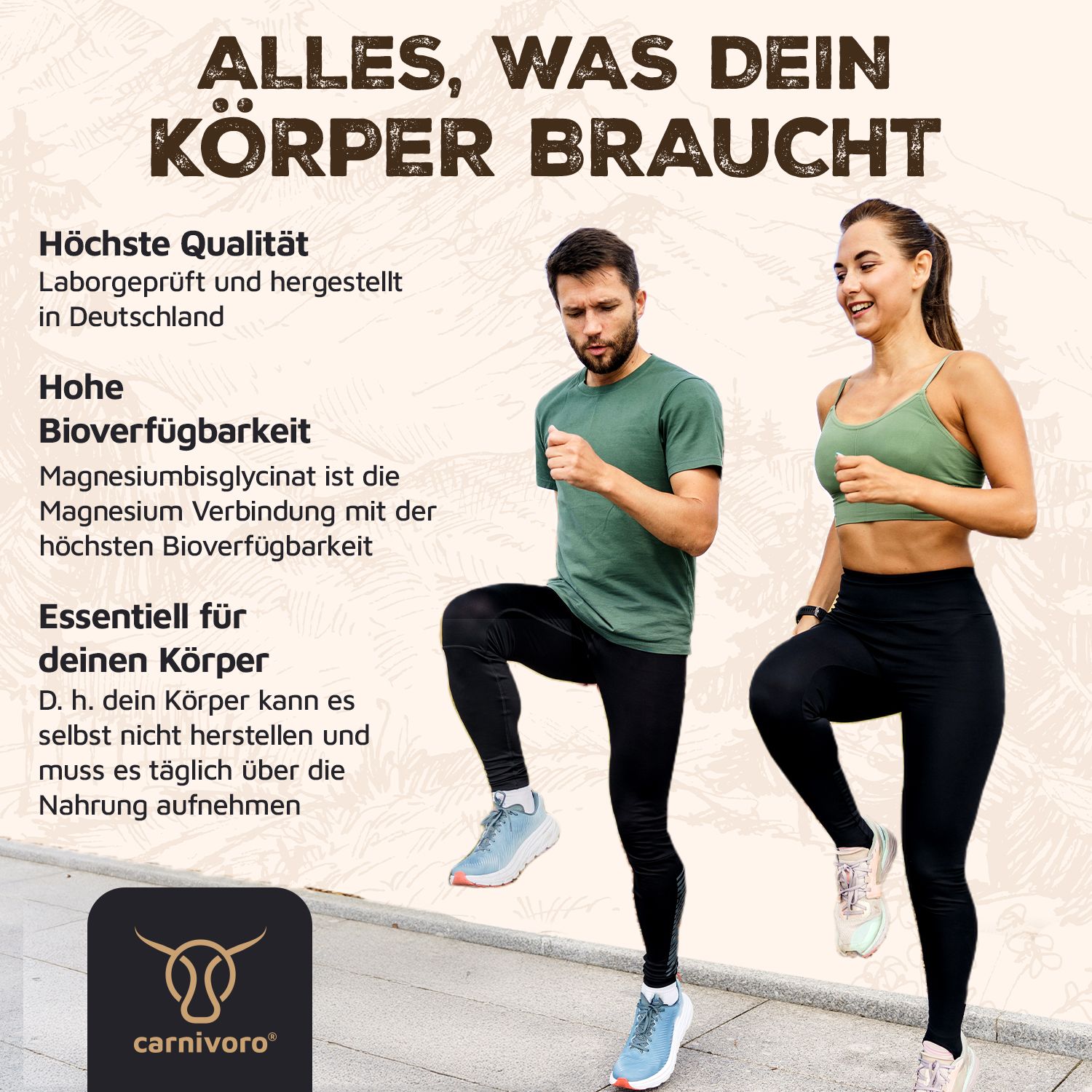 Paar beim Training. Text: Alles, was dein Körper braucht. Logo: carnivoro®. Text über Qualität, Bioverfügbarkeit und essentielle Nährstoffe.