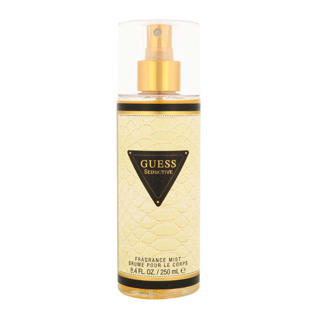 Flakon mit Zerstäuber. Aufschrift GUESS Seductive. Schwarzes Dreieck mit Logo. Goldener Zerstäuber. Klarer Deckel.