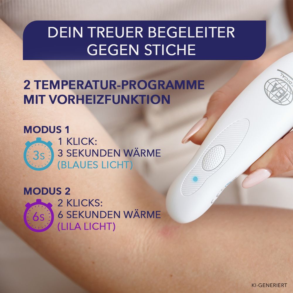 Nahaufnahme eines weißen Insektenstichheilers mit Bedienungsanleitung für zwei Temperaturprogramme.