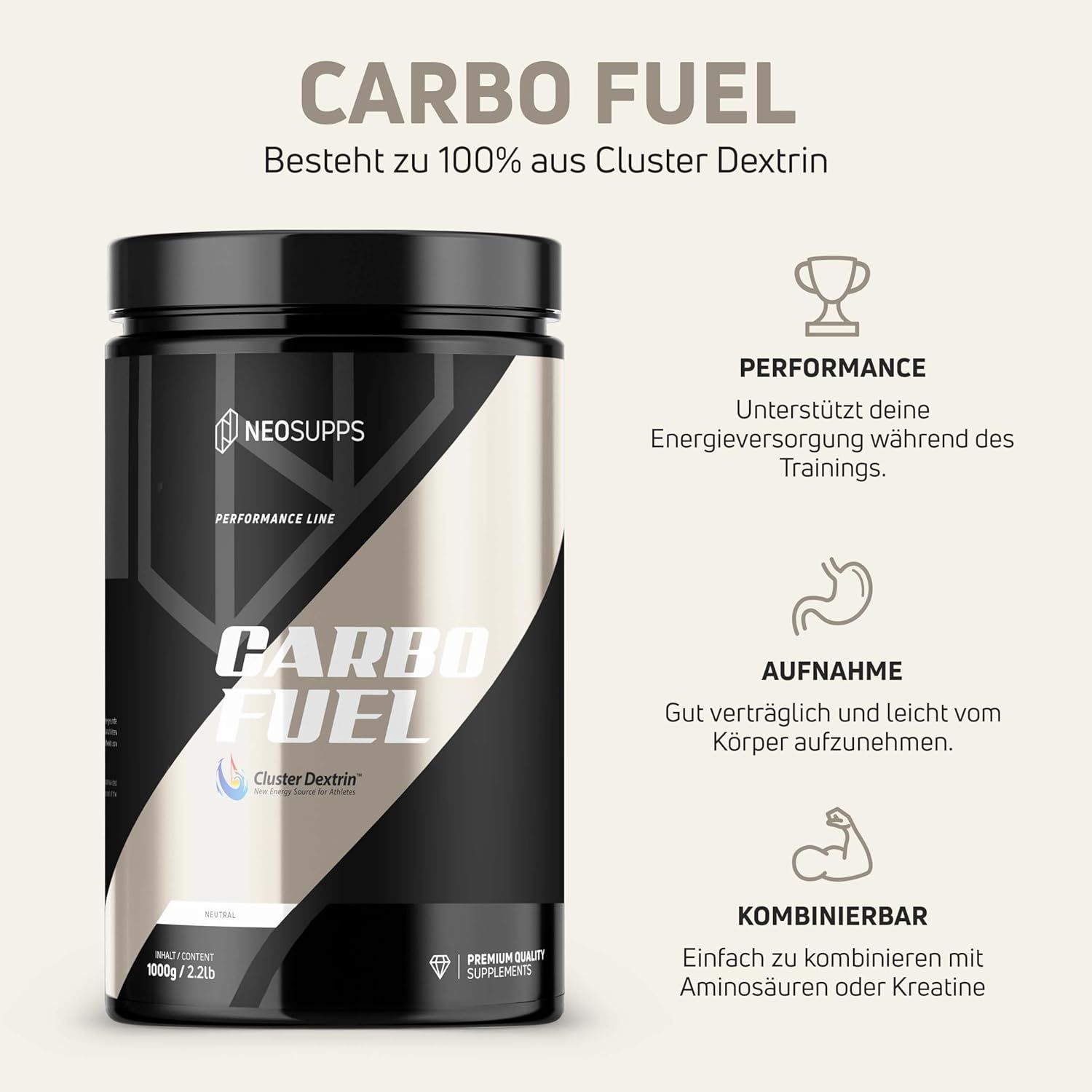Schwarze Dose "CARBO FUEL" mit Text und Logos. Text: "NEOSUPPS", "Cluster Dextrin".