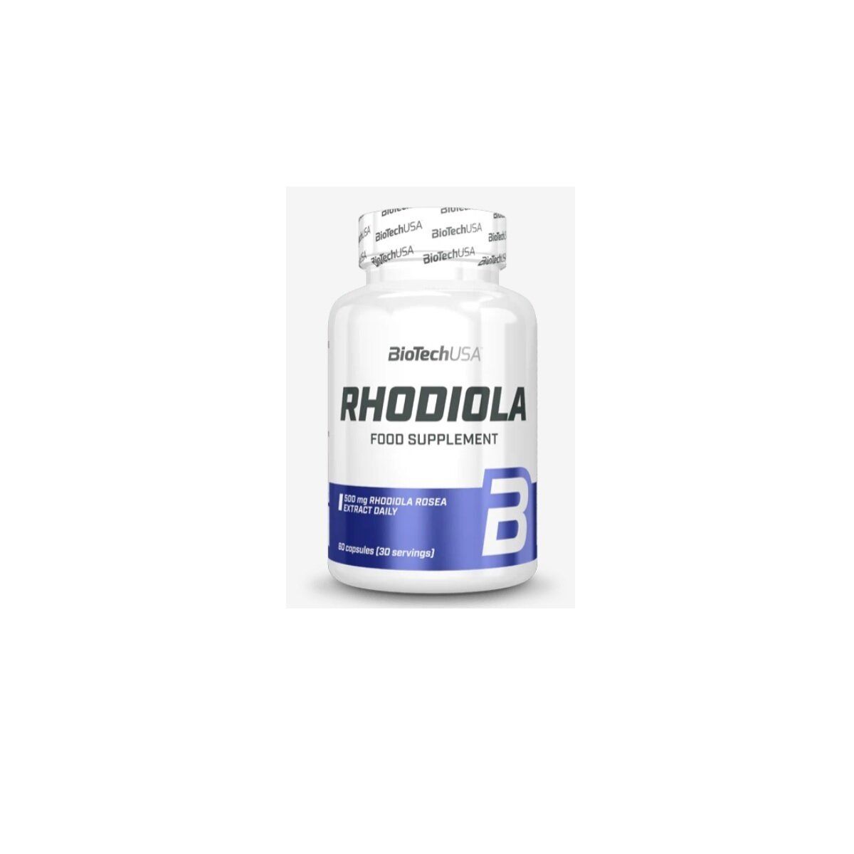 Nahrungsergänzungsmittel-Behälter mit blauer Banderole. Aufschrift: Rhodiola, 500mg Rhodiola Rosea Extract Daily, 60 Kapseln.