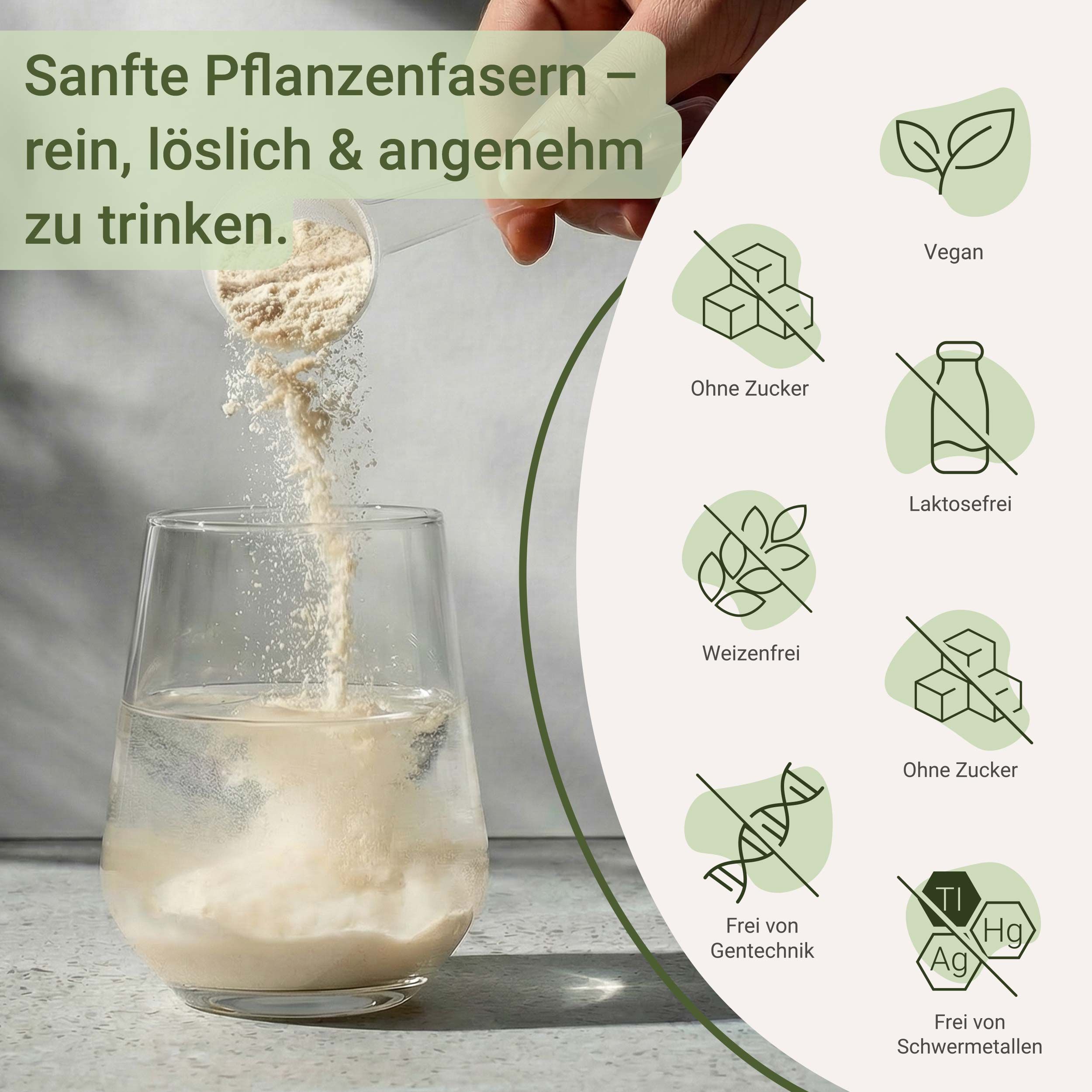 Dose Präbiotik-Ballaststoffe mit Anhänger: 100% lösliche pflanzliche Ballaststoffe.
