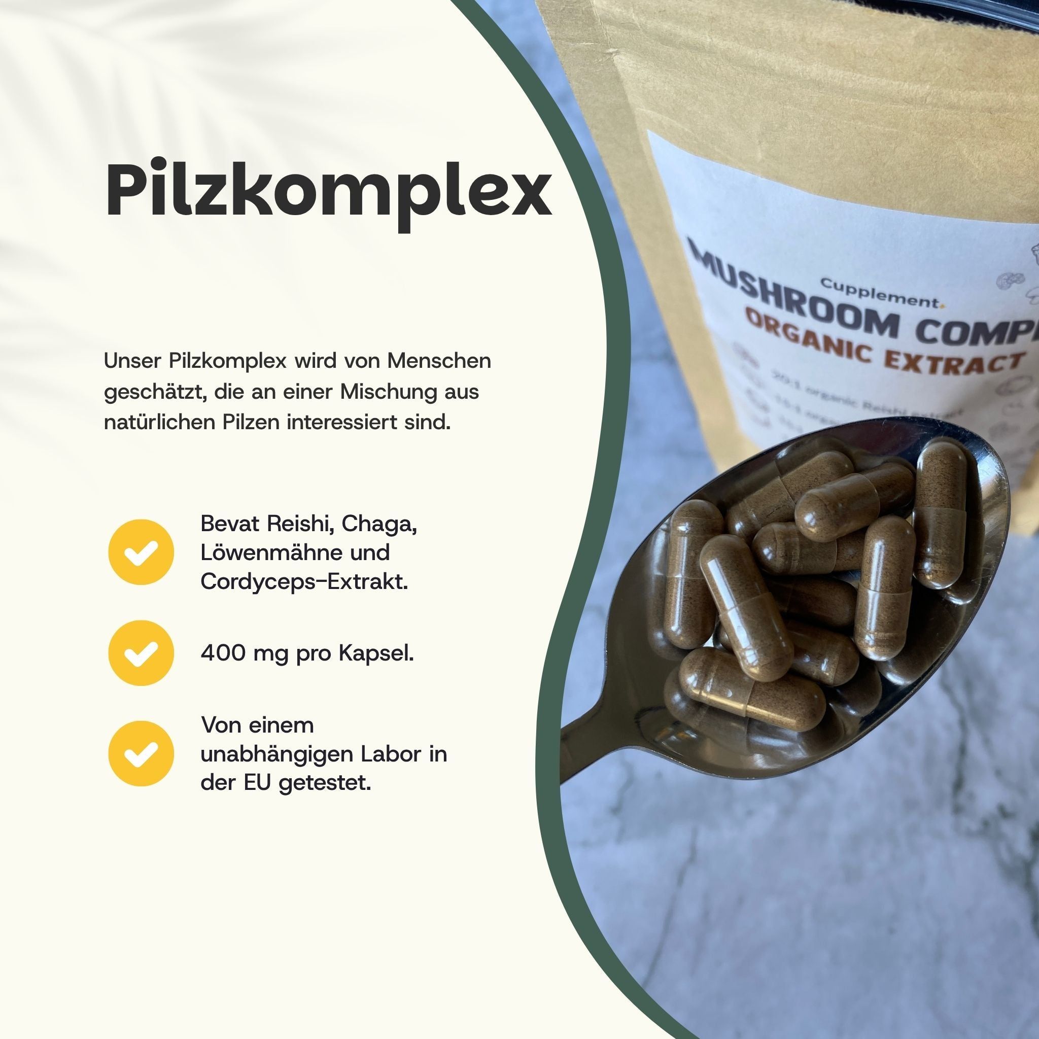 Pilzkomplex-Kapseln auf einem Löffel. Enthält Reishi, Chaga, Löwenmähne und Cordyceps-Extrakt. 400 mg pro Kapsel.