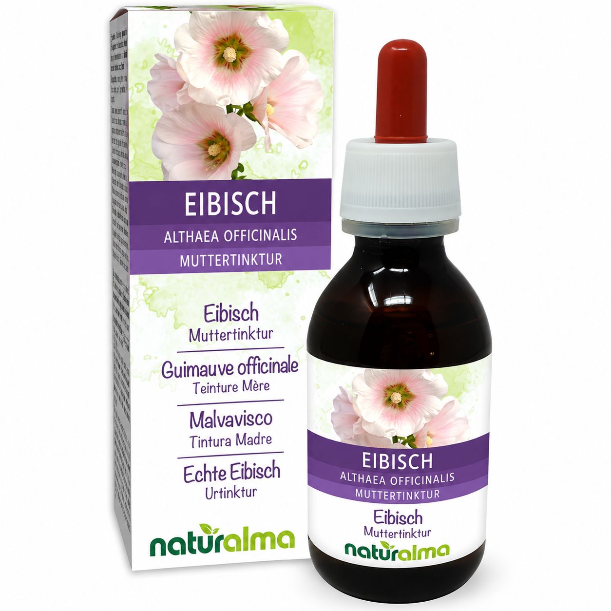 Eibisch Urtinktur von Naturalma in einer Braunglasflasche mit Pipette und Faltschachtel.