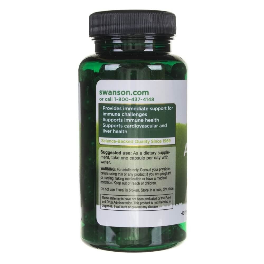 Rückseite einer Flasche SWANSON Astragalus Root mit Anwendungshinweisen und Warnungen.
