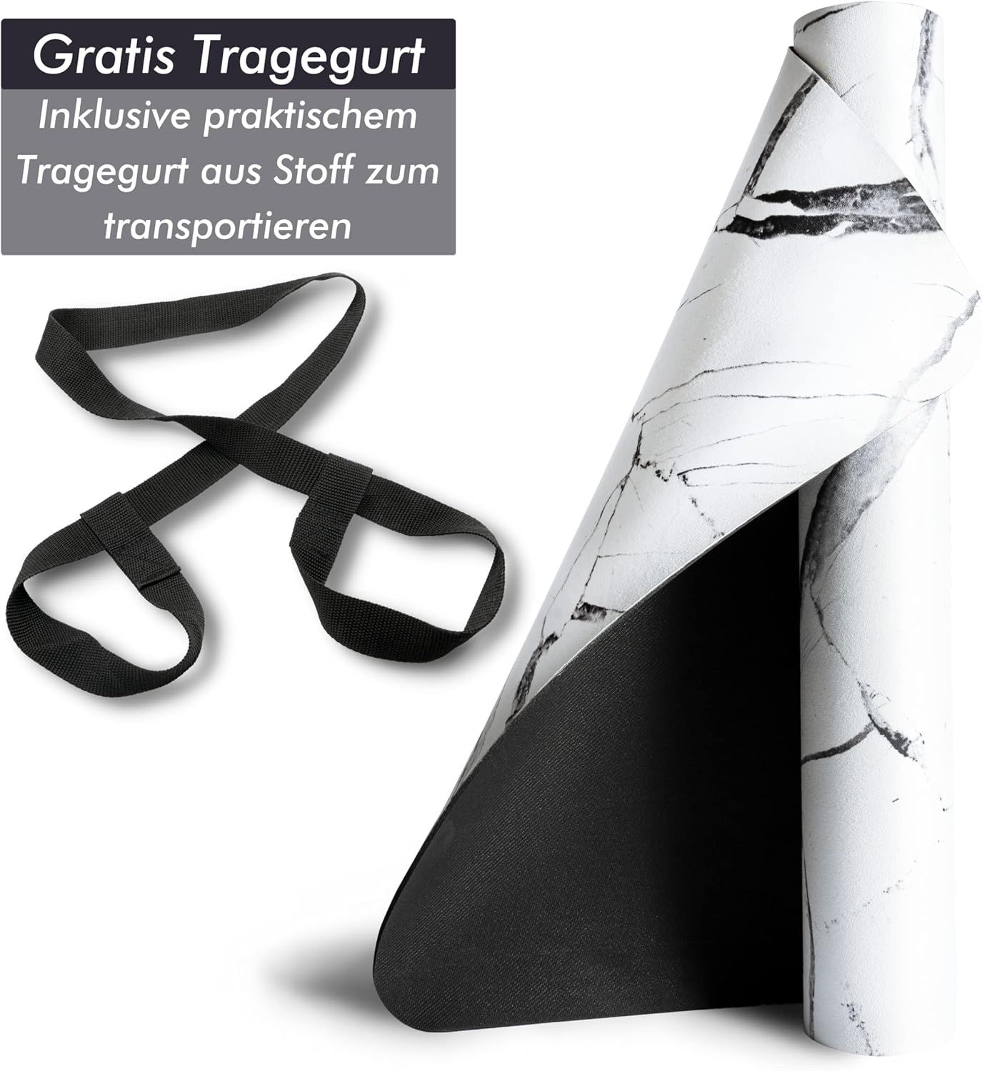Gerollte Yogamatte mit Marmormuster. Schwarze Unterseite. Inklusive Tragegurt.