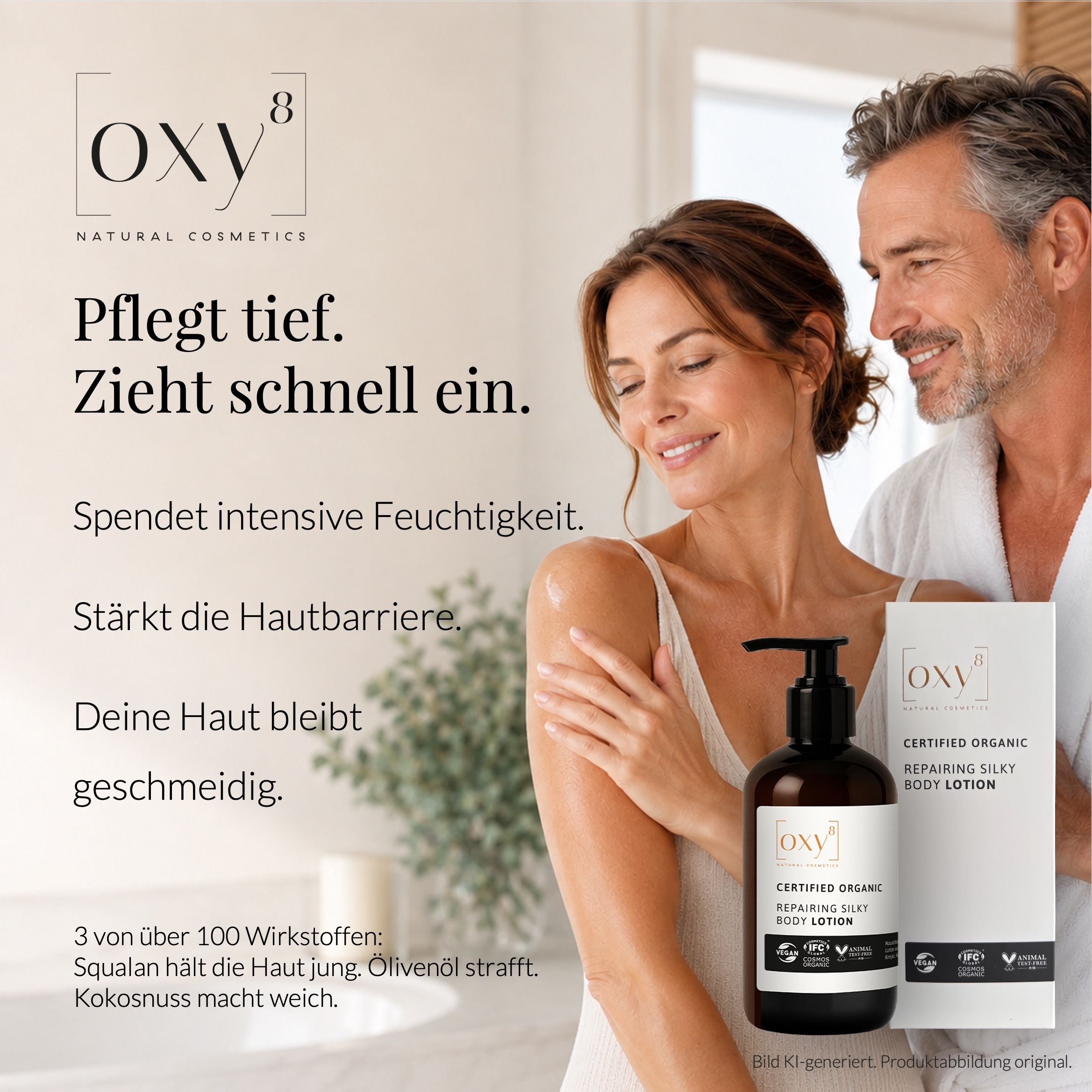 OXY8 Lotion Flasche mit Siegeln und Text.