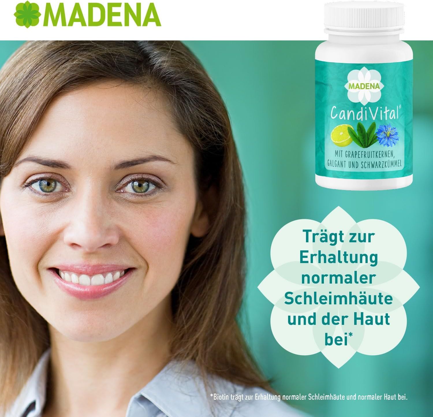 Frau lächelt. Neben ihr: MADENA CandiVital-Packung. Text: Trägt zur Erhaltung normaler Schleimhäute und der Haut bei.